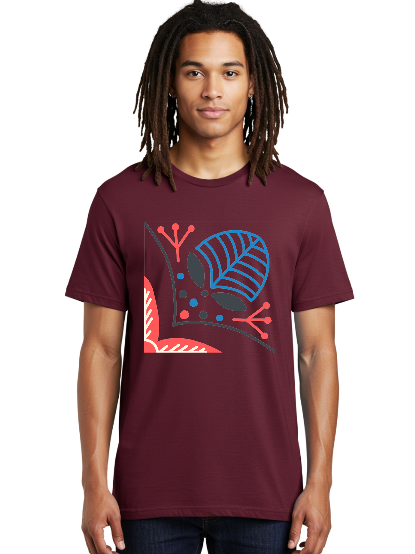 Abstract-Leaves Men'S Graphic Tee, 100% Cotton, Comfortable Casual Summer Wear, Machine Washable, Stylized Leaf, Abstract Foliage, Vibrant Colors, Playful Patterns, Blue Lines, Red Accents, Black Dots, Graphic Design Elements, Modern Art, Aab658
