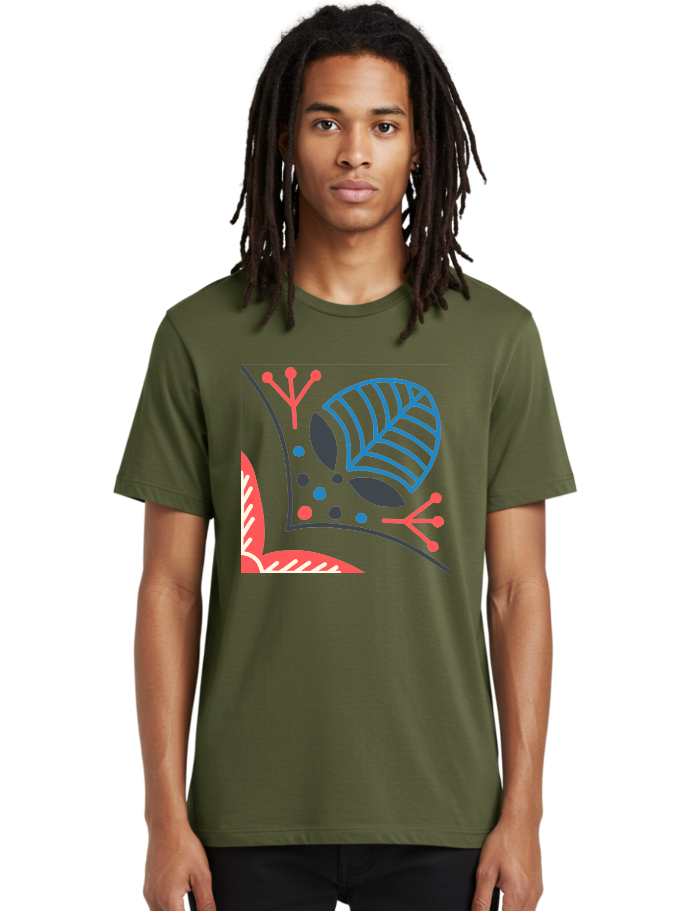 Abstract-Leaves Men'S Graphic Tee, 100% Cotton, Comfortable Casual Summer Wear, Machine Washable, Stylized Leaf, Abstract Foliage, Vibrant Colors, Playful Patterns, Blue Lines, Red Accents, Black Dots, Graphic Design Elements, Modern Art, Aab658