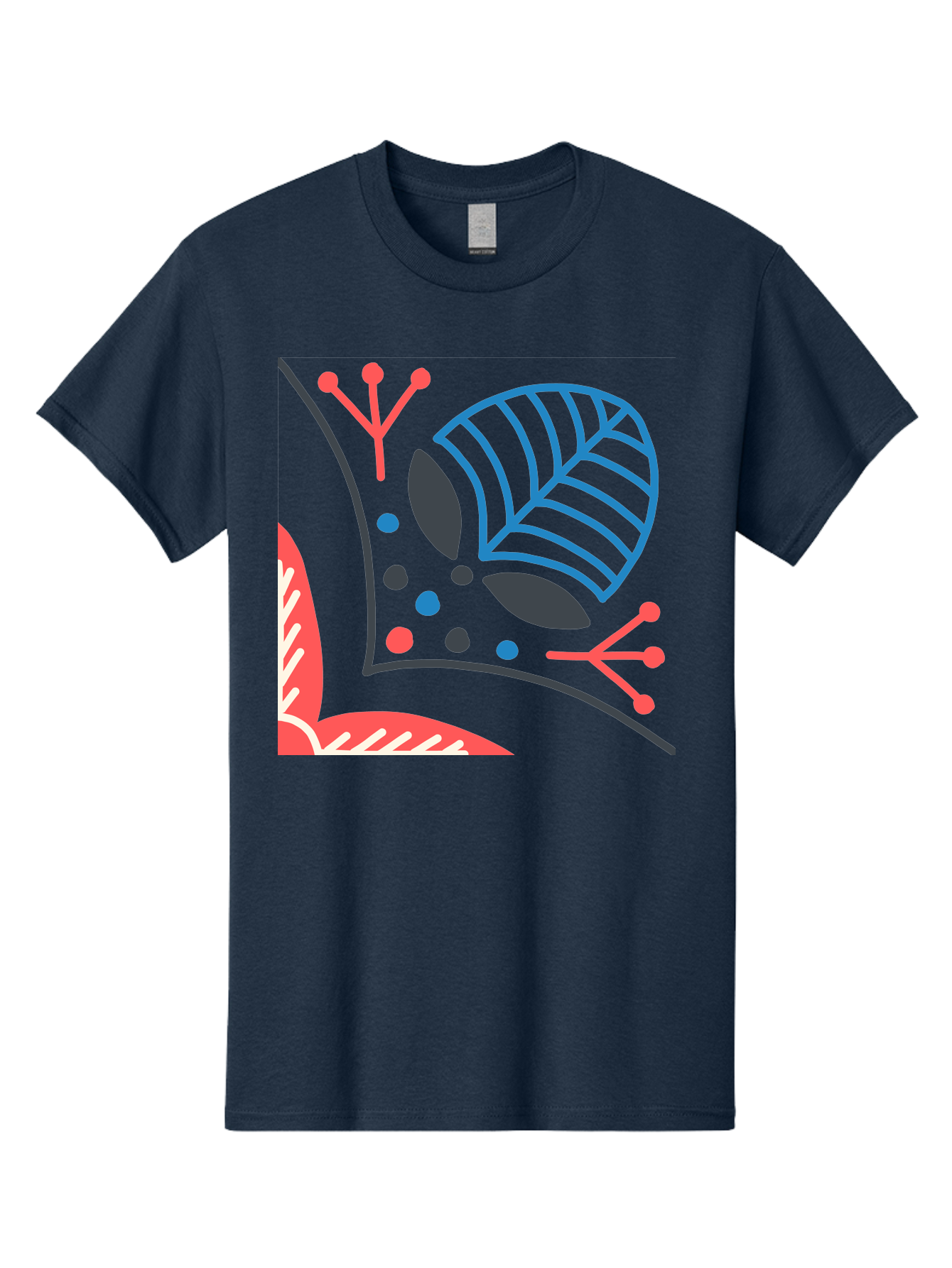 Abstract-Leaves Men'S Graphic Tee, 100% Cotton, Comfortable Casual Summer Wear, Machine Washable, Stylized Leaf, Abstract Foliage, Vibrant Colors, Playful Patterns, Blue Lines, Red Accents, Black Dots, Graphic Design Elements, Modern Art, Aab658