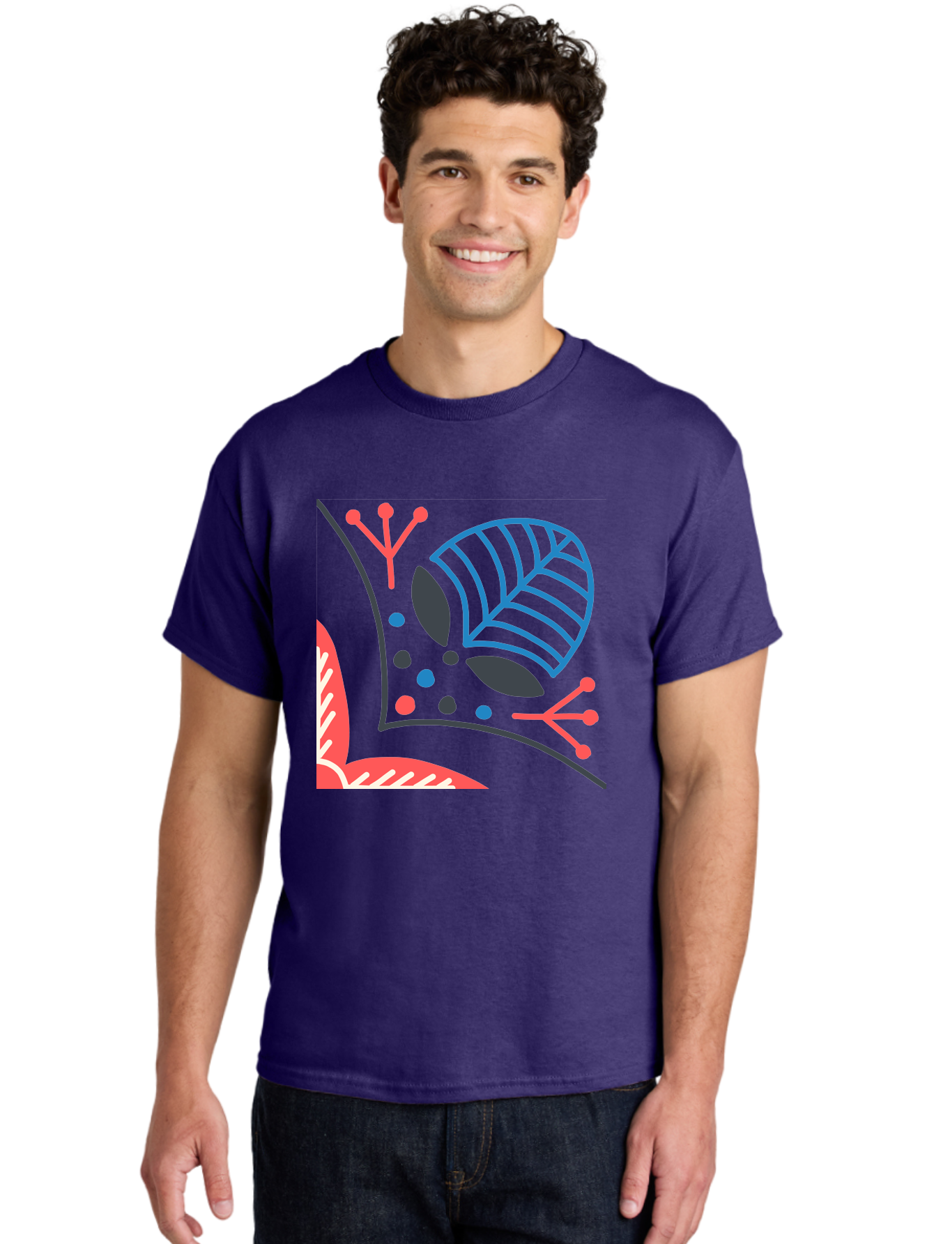 Abstract-Leaves Men'S Graphic Tee, 100% Cotton, Comfortable Casual Summer Wear, Machine Washable, Stylized Leaf, Abstract Foliage, Vibrant Colors, Playful Patterns, Blue Lines, Red Accents, Black Dots, Graphic Design Elements, Modern Art, Aab658