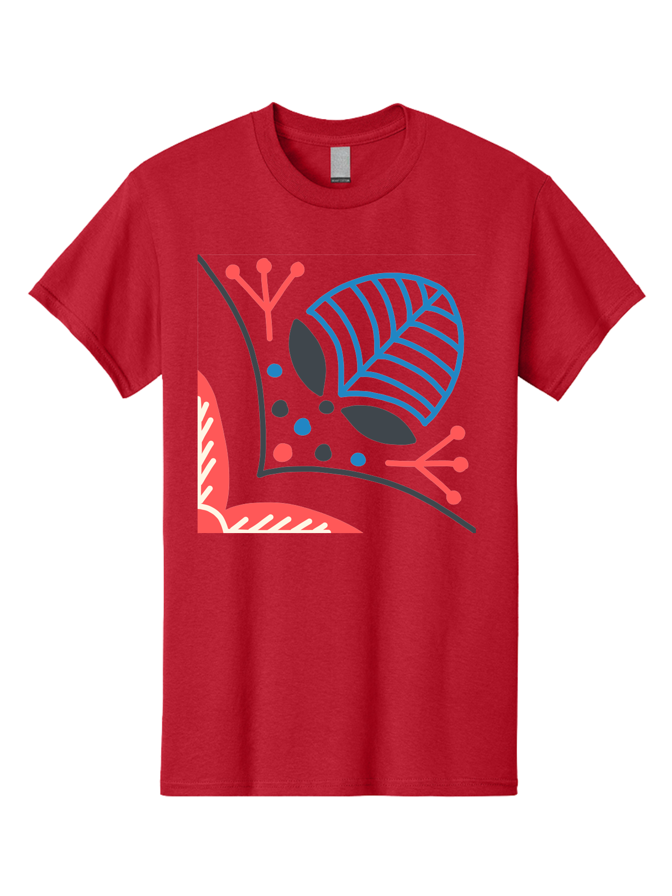 Abstract-Leaves Men'S Graphic Tee, 100% Cotton, Comfortable Casual Summer Wear, Machine Washable, Stylized Leaf, Abstract Foliage, Vibrant Colors, Playful Patterns, Blue Lines, Red Accents, Black Dots, Graphic Design Elements, Modern Art, Aab658