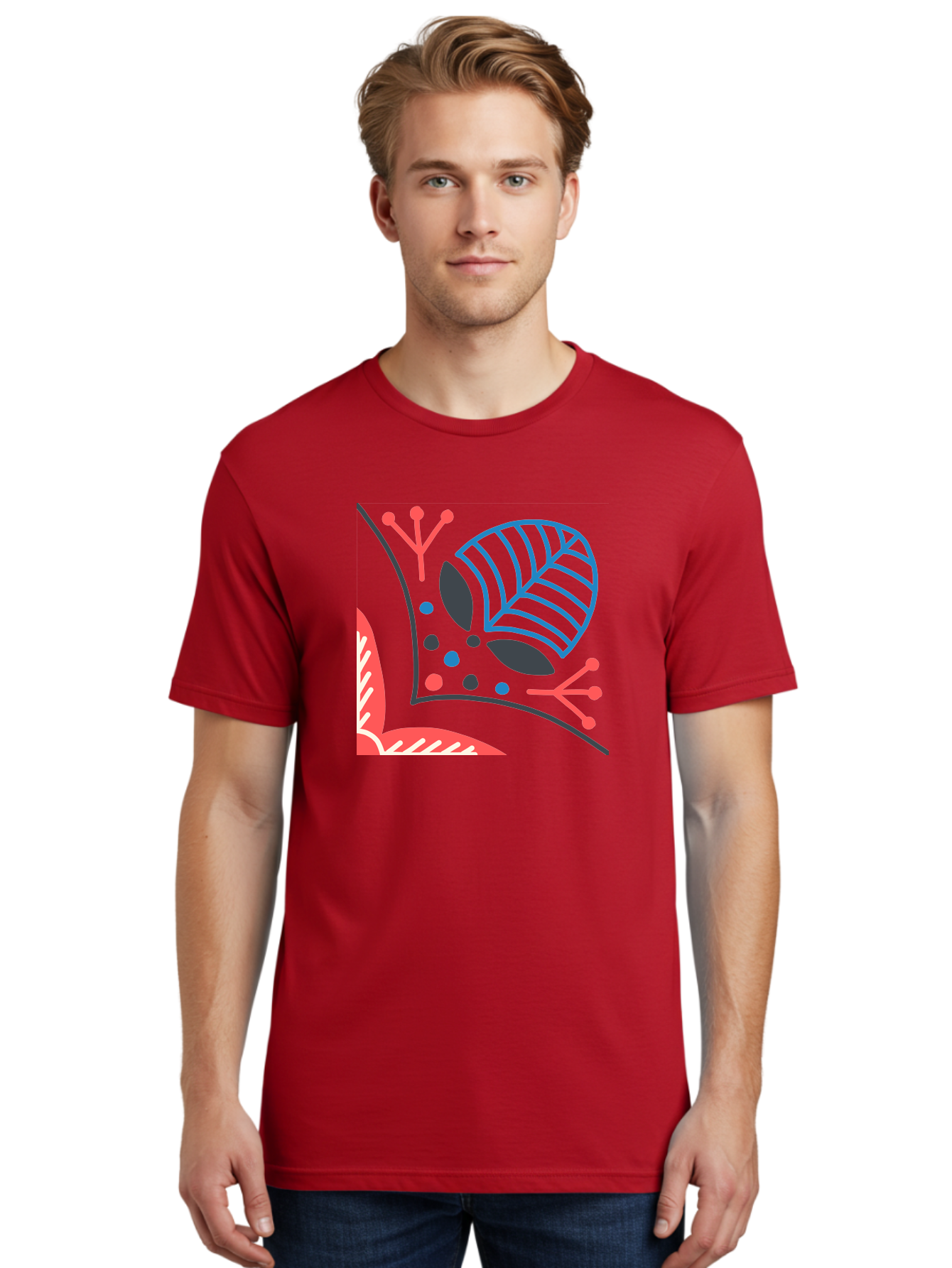 Abstract-Leaves Men'S Graphic Tee, 100% Cotton, Comfortable Casual Summer Wear, Machine Washable, Stylized Leaf, Abstract Foliage, Vibrant Colors, Playful Patterns, Blue Lines, Red Accents, Black Dots, Graphic Design Elements, Modern Art, Aab658