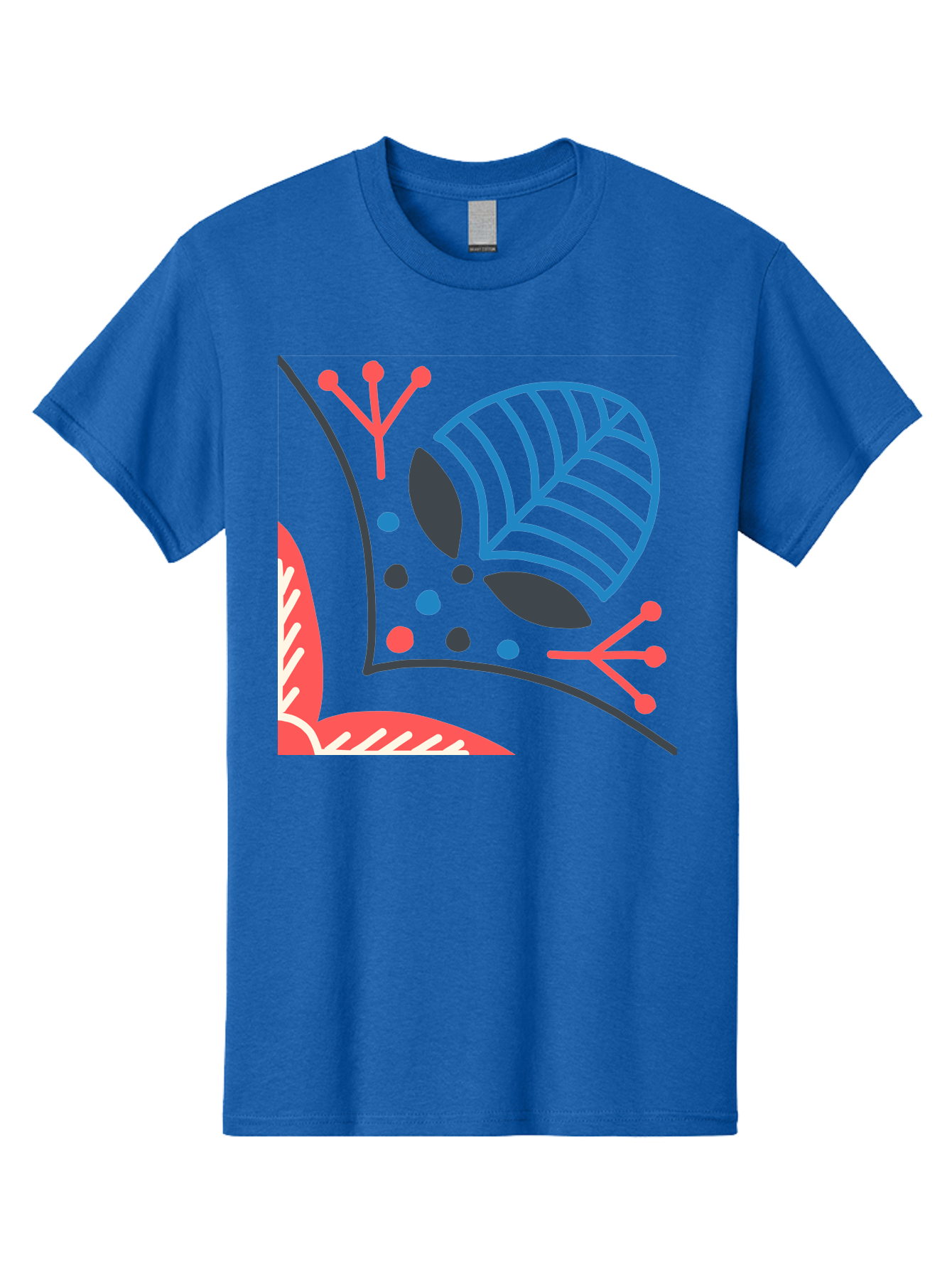 Abstract-Leaves Men'S Graphic Tee, 100% Cotton, Comfortable Casual Summer Wear, Machine Washable, Stylized Leaf, Abstract Foliage, Vibrant Colors, Playful Patterns, Blue Lines, Red Accents, Black Dots, Graphic Design Elements, Modern Art, Aab658