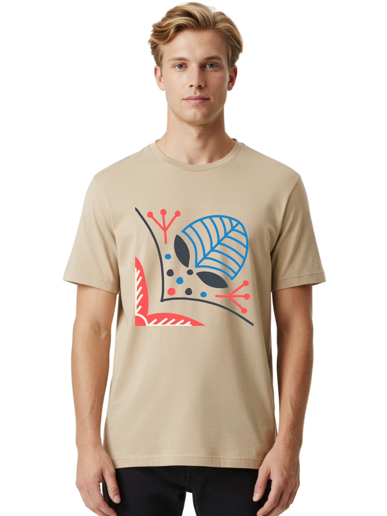 Abstract-Leaves Men'S Graphic Tee, 100% Cotton, Comfortable Casual Summer Wear, Machine Washable, Stylized Leaf, Abstract Foliage, Vibrant Colors, Playful Patterns, Blue Lines, Red Accents, Black Dots, Graphic Design Elements, Modern Art, Aab658