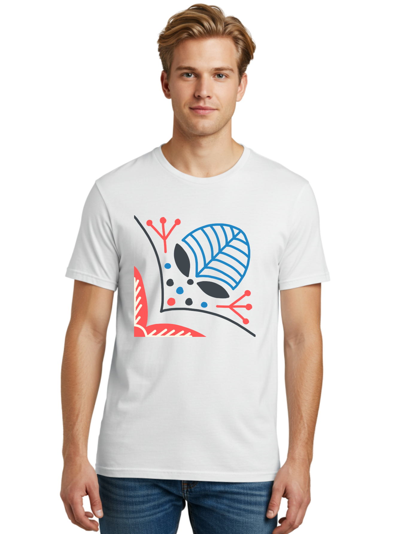 Abstract-Leaves Men'S Graphic Tee, 100% Cotton, Comfortable Casual Summer Wear, Machine Washable, Stylized Leaf, Abstract Foliage, Vibrant Colors, Playful Patterns, Blue Lines, Red Accents, Black Dots, Graphic Design Elements, Modern Art, Aab658