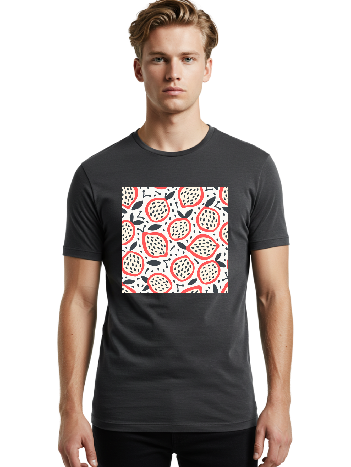 Apples-Pattern Men'S Graphic Tee, 100% Cotton, Comfortable Casual Summer Wear, Machine Washable, Lemon Pattern, Citrus Fruits, Red Outline, Black Seeds, Gray Leaves, White Background, Seamless Design, Fruit Illustration, Summery Vibe, Aab659
