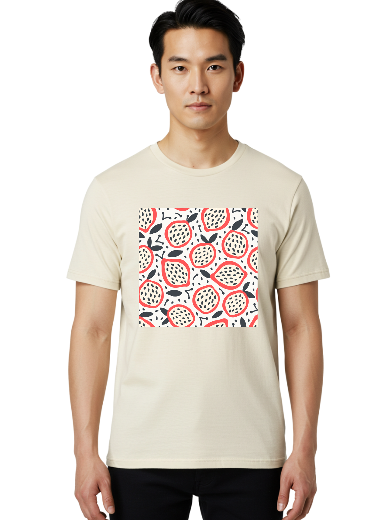 Apples-Pattern Men'S Graphic Tee, 100% Cotton, Comfortable Casual Summer Wear, Machine Washable, Lemon Pattern, Citrus Fruits, Red Outline, Black Seeds, Gray Leaves, White Background, Seamless Design, Fruit Illustration, Summery Vibe, Aab659