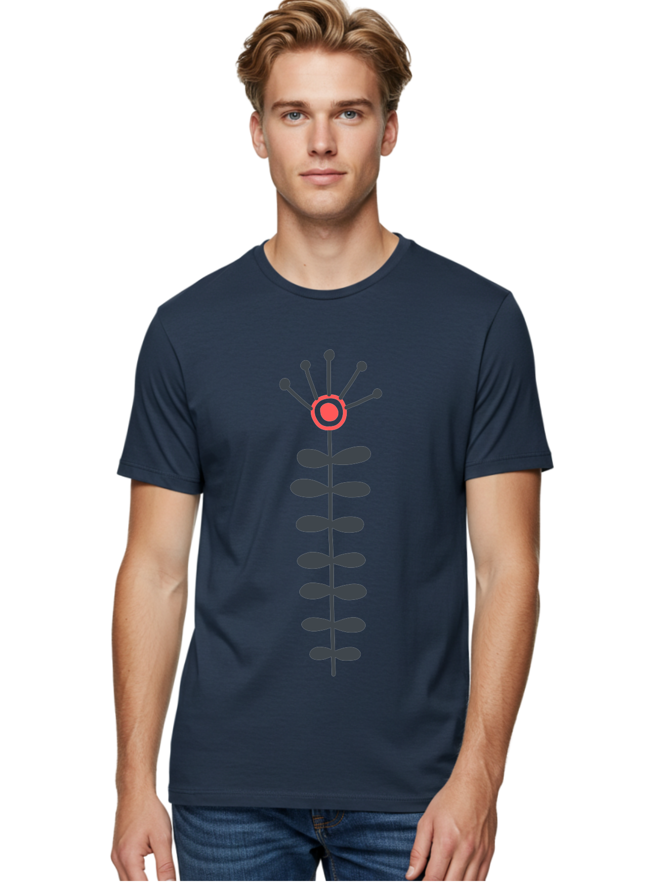 Atom Men'S Graphic Tee, 100% Cotton, Comfortable Casual Summer Wear, Machine Washable, Minimalist Flower Design, Simple Icon, Floral Symbol, Modern Graphic, Grey Petals, Pink Center Aab660