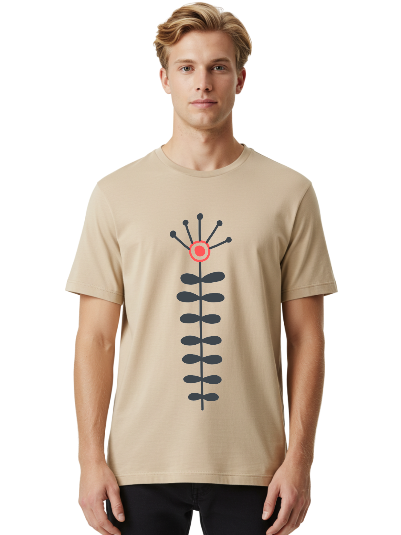 Atom Men'S Graphic Tee, 100% Cotton, Comfortable Casual Summer Wear, Machine Washable, Minimalist Flower Design, Simple Icon, Floral Symbol, Modern Graphic, Grey Petals, Pink Center Aab660