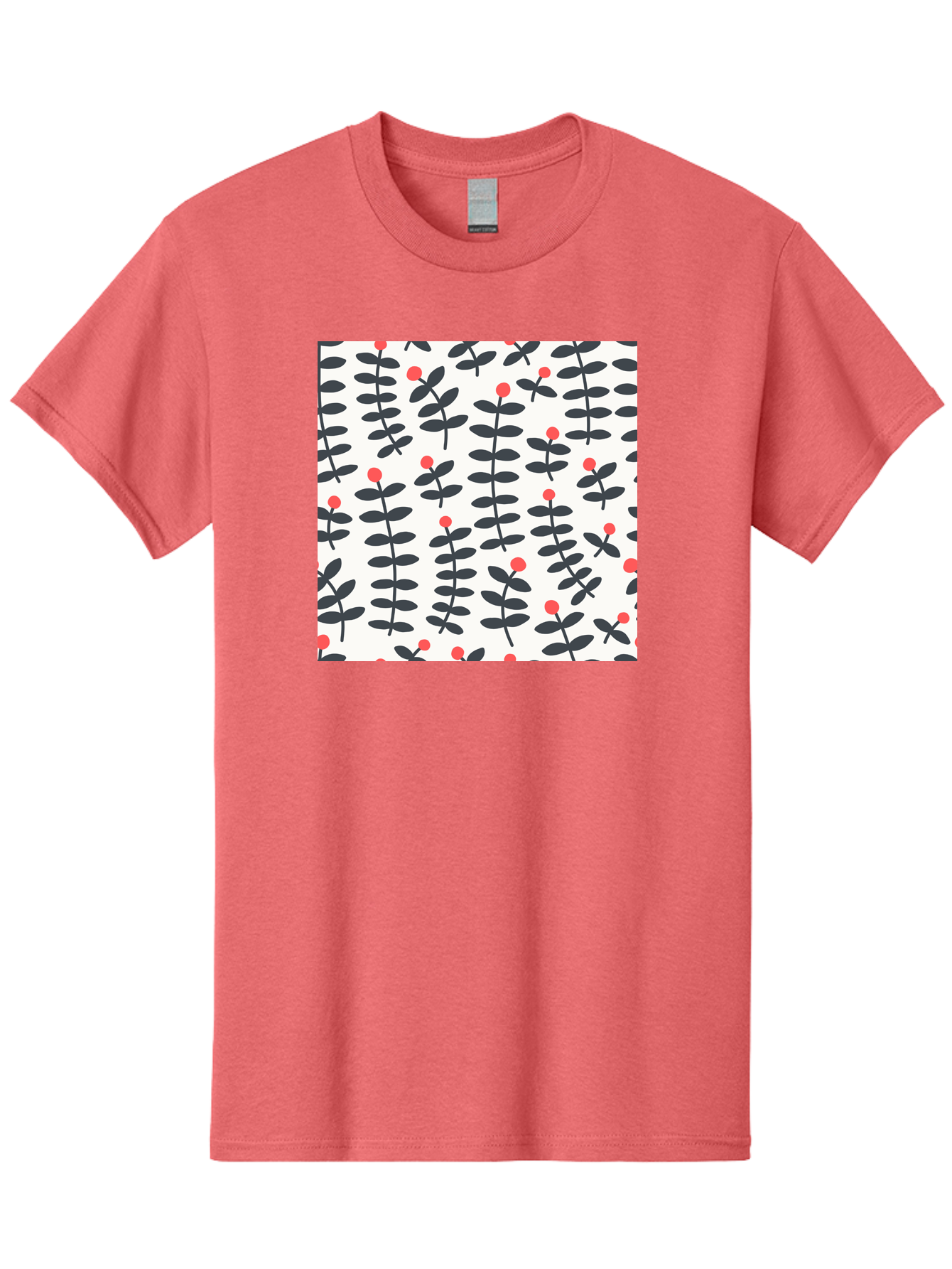 Berry-Pattern Men'S Graphic Tee, 100% Cotton, Comfortable Casual Summer Wear, Machine Washable, Berry Sprigs Pattern, Repeating Floral Design, Red Berries, Black Leaves, Minimalist Botanical, Folk Art Style, Whimsical Decoration, Aab661