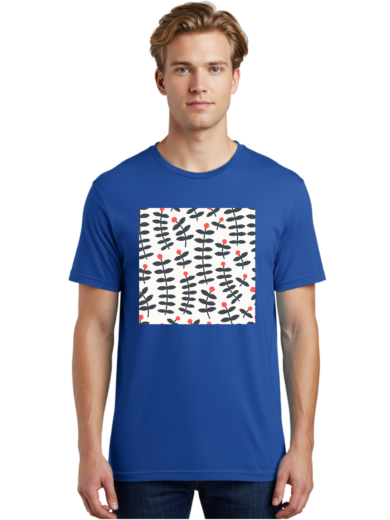 Berry-Pattern Men'S Graphic Tee, 100% Cotton, Comfortable Casual Summer Wear, Machine Washable, Berry Sprigs Pattern, Repeating Floral Design, Red Berries, Black Leaves, Minimalist Botanical, Folk Art Style, Whimsical Decoration, Aab661