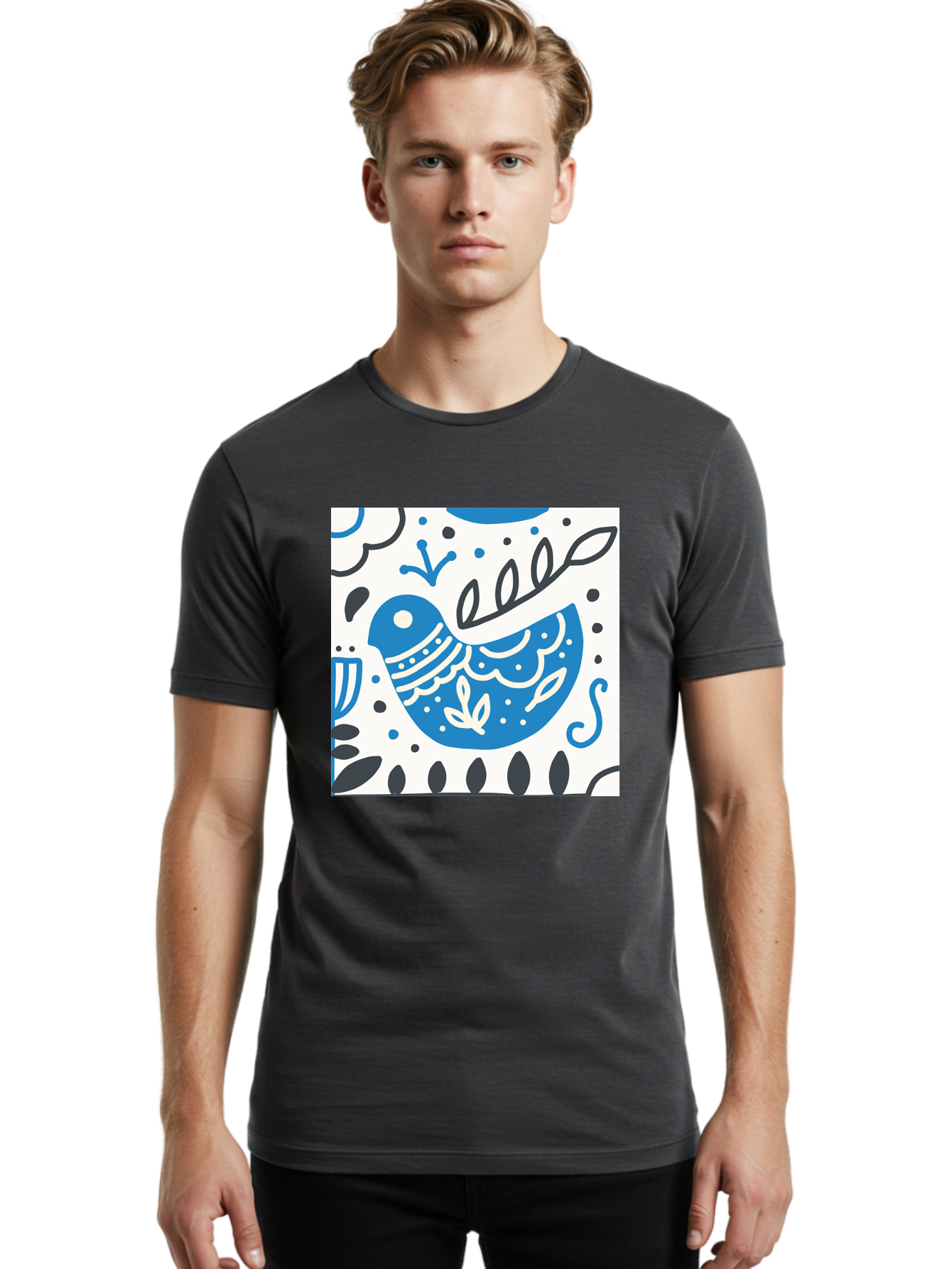 Bird-Illustration Men'S Graphic Tee, 100% Cotton, Comfortable Casual Summer Wear, Machine Washable, Blue Bird, White Patterns, Black Accents, Abstract Shapes, Doodle Art, Whimsical Design, Playful Patterns, Hand Drawn, Graphic Illustration, Aab662