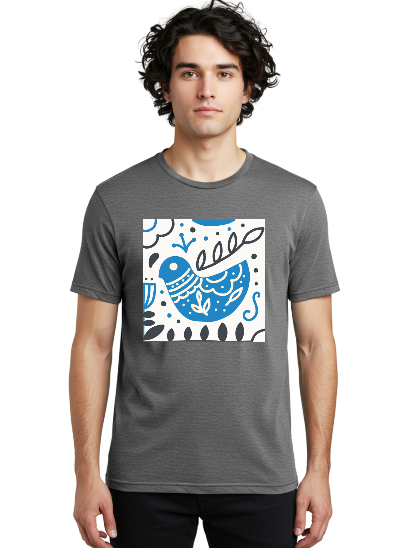 Bird-Illustration Men'S Graphic Tee, 100% Cotton, Comfortable Casual Summer Wear, Machine Washable, Blue Bird, White Patterns, Black Accents, Abstract Shapes, Doodle Art, Whimsical Design, Playful Patterns, Hand Drawn, Graphic Illustration, Aab662