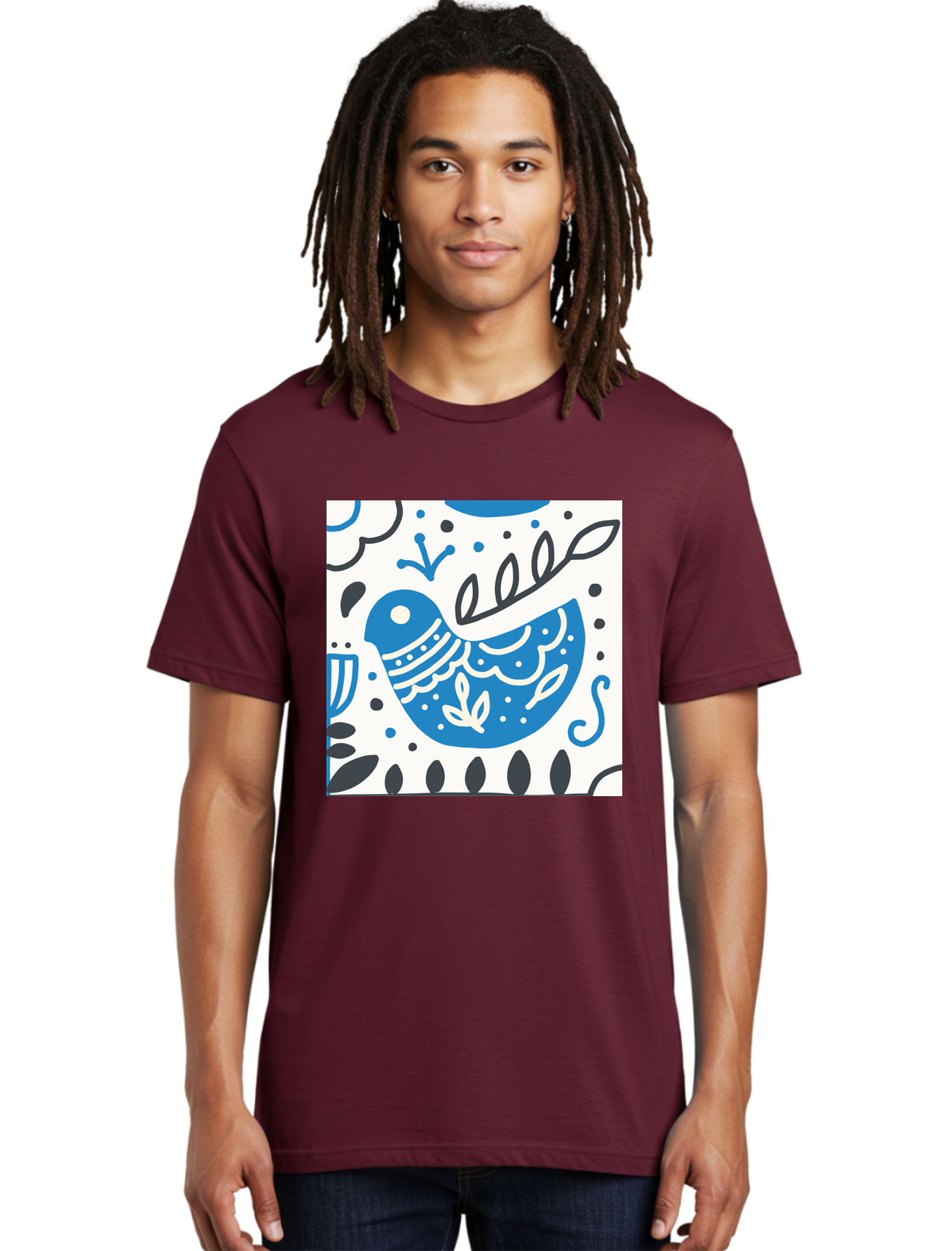 Bird-Illustration Men'S Graphic Tee, 100% Cotton, Comfortable Casual Summer Wear, Machine Washable, Blue Bird, White Patterns, Black Accents, Abstract Shapes, Doodle Art, Whimsical Design, Playful Patterns, Hand Drawn, Graphic Illustration, Aab662
