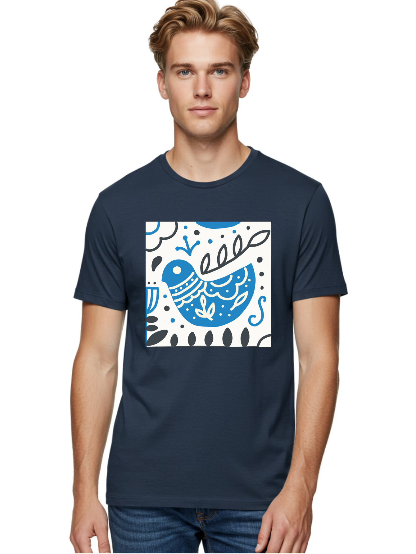 Bird-Illustration Men'S Graphic Tee, 100% Cotton, Comfortable Casual Summer Wear, Machine Washable, Blue Bird, White Patterns, Black Accents, Abstract Shapes, Doodle Art, Whimsical Design, Playful Patterns, Hand Drawn, Graphic Illustration, Aab662