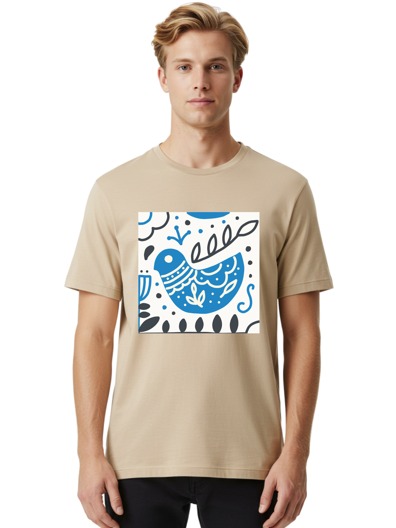 Bird-Illustration Men'S Graphic Tee, 100% Cotton, Comfortable Casual Summer Wear, Machine Washable, Blue Bird, White Patterns, Black Accents, Abstract Shapes, Doodle Art, Whimsical Design, Playful Patterns, Hand Drawn, Graphic Illustration, Aab662
