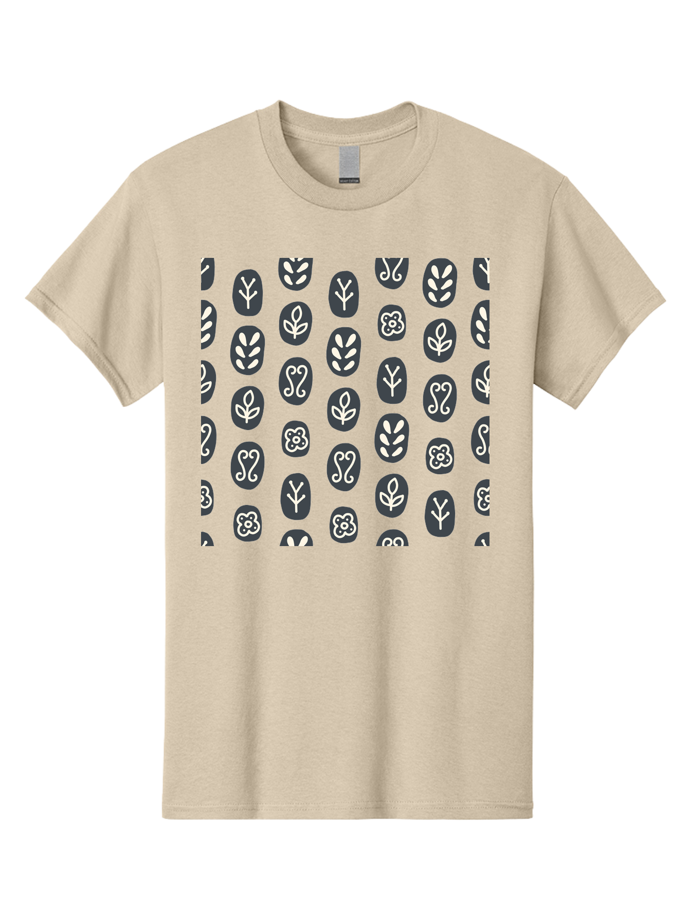 Black-Ovals-With-White-Leaves Men'S Graphic Tee, 100% Cotton, Comfortable Casual Summer Wear, Machine Washable, Repeating Pattern, Gray Ovals, White Floral Designs, Botanical Motifs, Abstract Shapes, Graphic Design Elements, Minimalist Art, Aab664
