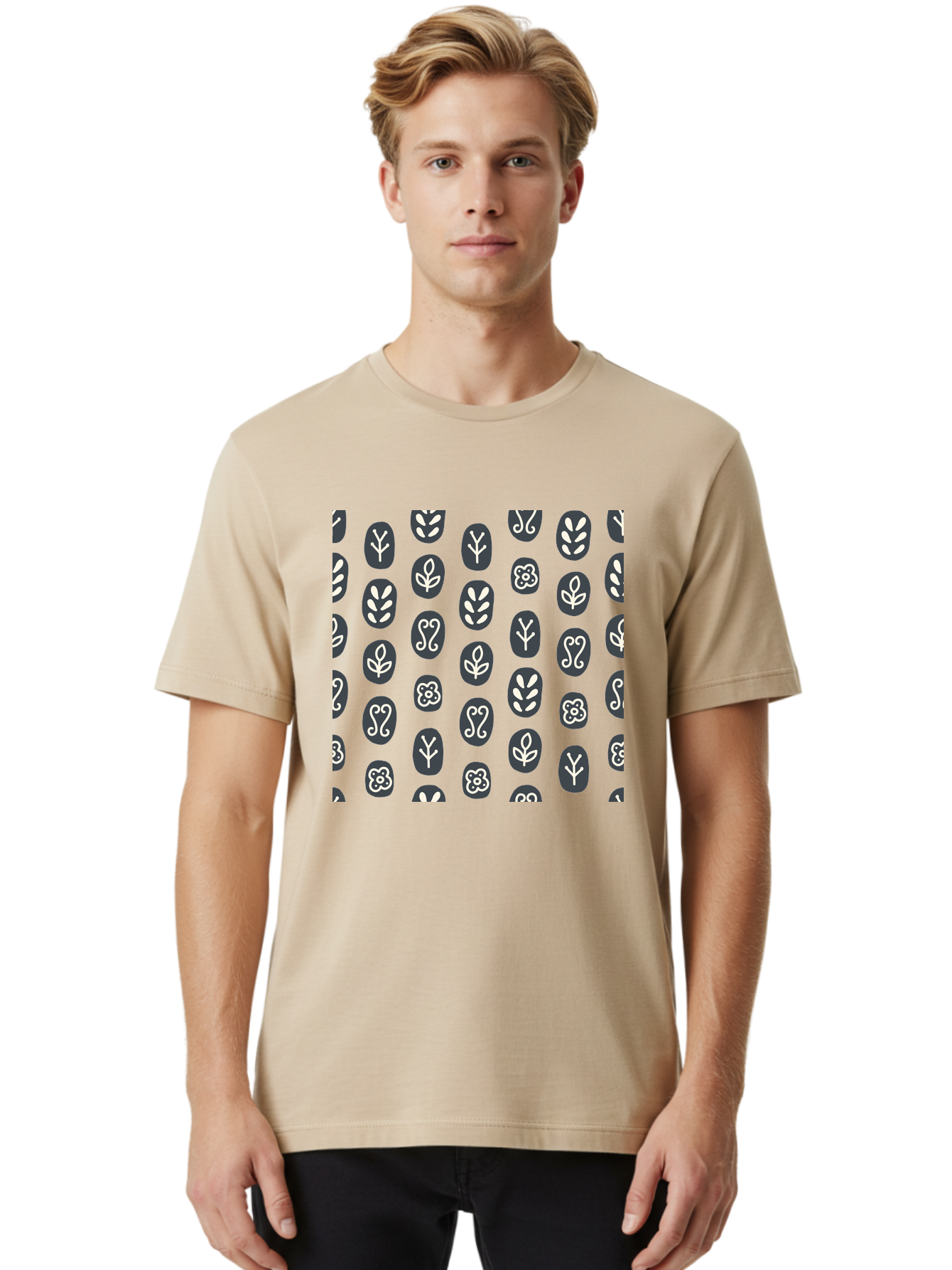 Black-Ovals-With-White-Leaves Men'S Graphic Tee, 100% Cotton, Comfortable Casual Summer Wear, Machine Washable, Repeating Pattern, Gray Ovals, White Floral Designs, Botanical Motifs, Abstract Shapes, Graphic Design Elements, Minimalist Art, Aab664