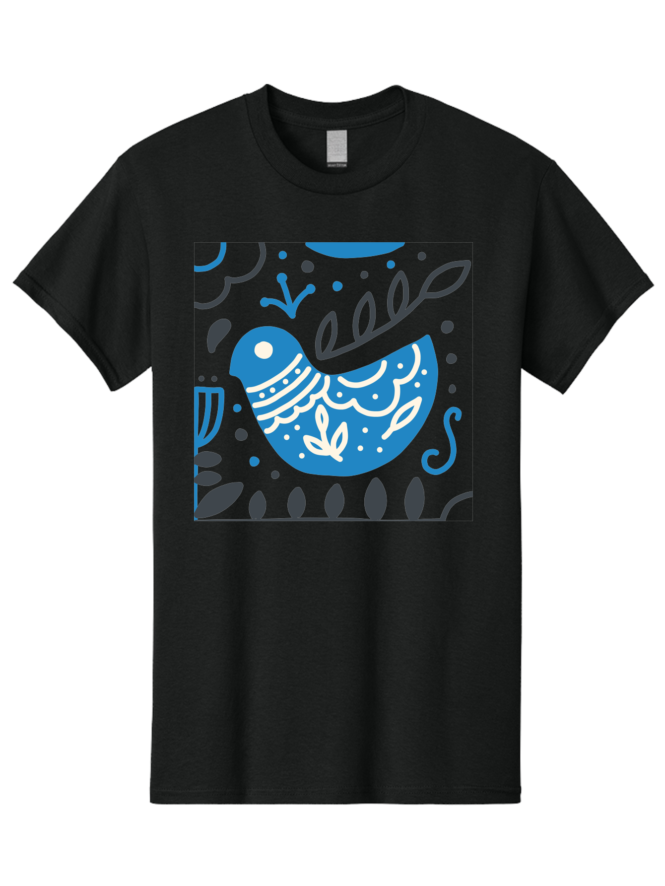 Blue-Bird Men'S Graphic Tee, 100% Cotton, Comfortable Casual Summer Wear, Machine Washable, Blue Bird, Floral Patterns, Whimsical Design, Abstract Shapes, Leaves, Dots, Artistic Expression, Creative Illustration, Modern Art, Bird Silhouette Aab665