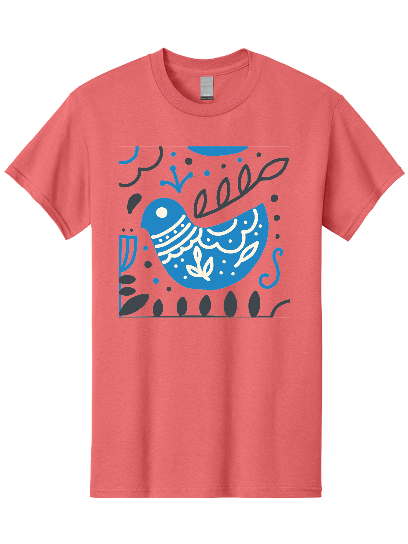 Blue-Bird Men'S Graphic Tee, 100% Cotton, Comfortable Casual Summer Wear, Machine Washable, Blue Bird, Floral Patterns, Whimsical Design, Abstract Shapes, Leaves, Dots, Artistic Expression, Creative Illustration, Modern Art, Bird Silhouette Aab665