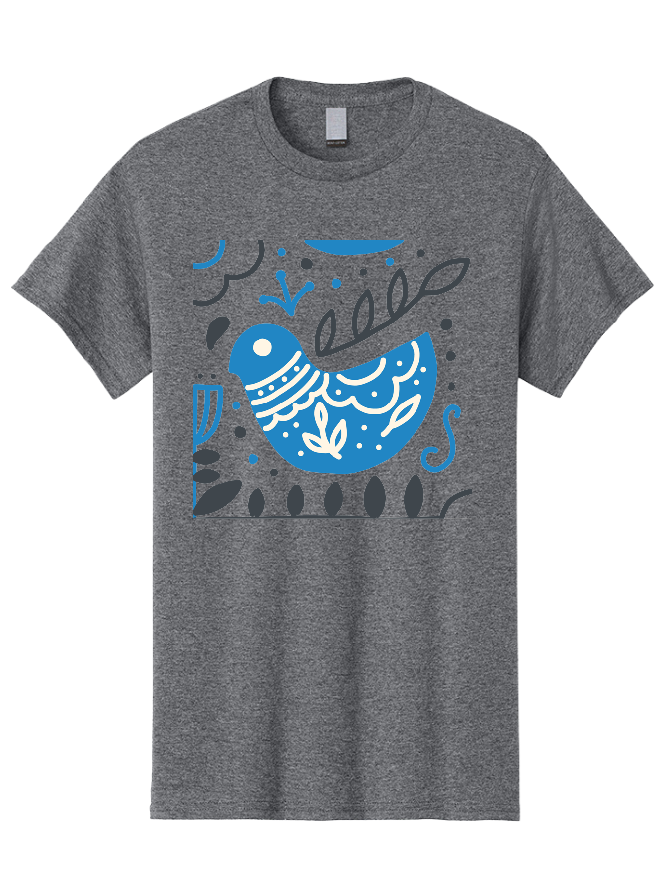 Blue-Bird Men'S Graphic Tee, 100% Cotton, Comfortable Casual Summer Wear, Machine Washable, Blue Bird, Floral Patterns, Whimsical Design, Abstract Shapes, Leaves, Dots, Artistic Expression, Creative Illustration, Modern Art, Bird Silhouette Aab665