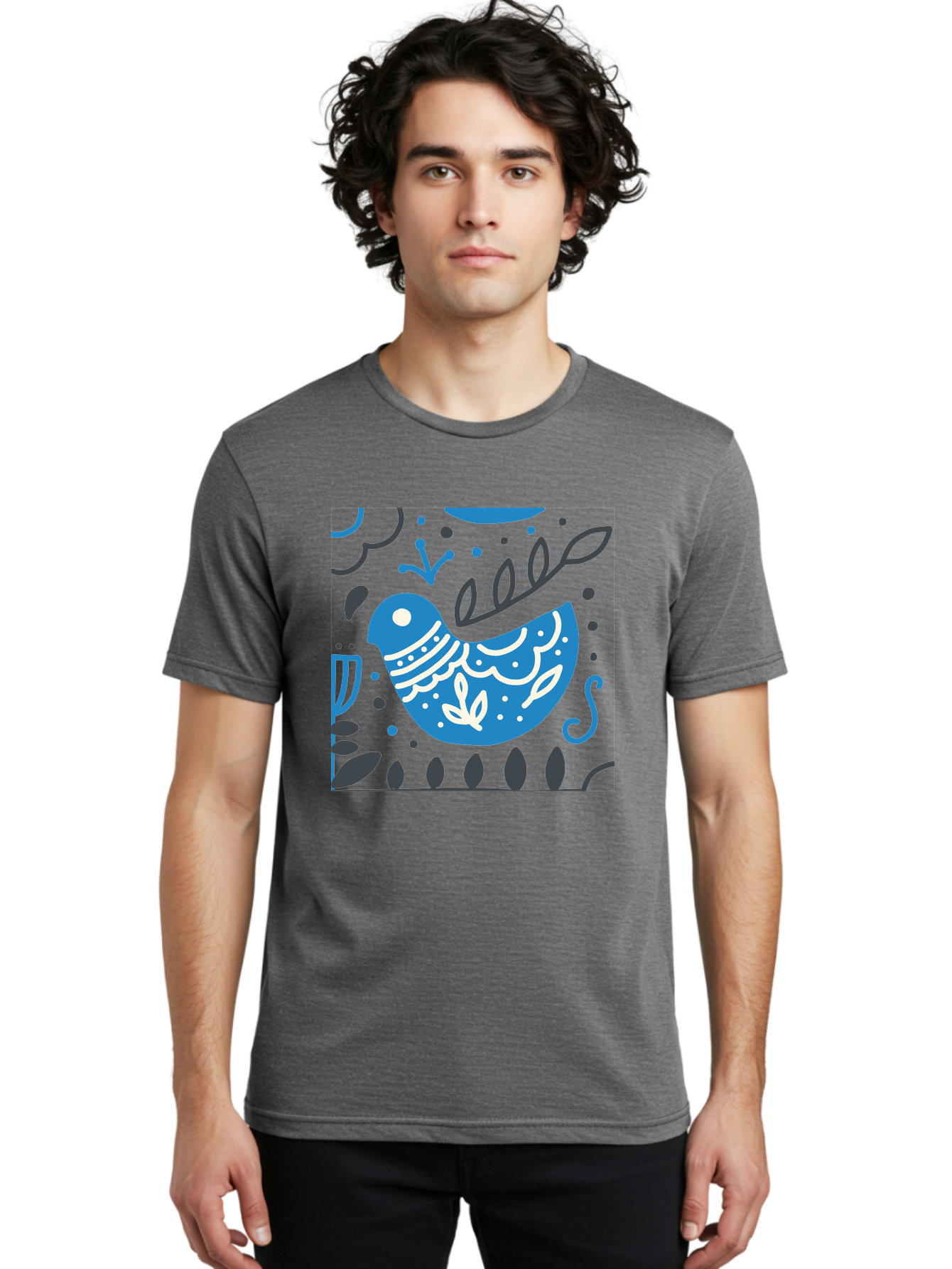Blue-Bird Men'S Graphic Tee, 100% Cotton, Comfortable Casual Summer Wear, Machine Washable, Blue Bird, Floral Patterns, Whimsical Design, Abstract Shapes, Leaves, Dots, Artistic Expression, Creative Illustration, Modern Art, Bird Silhouette Aab665