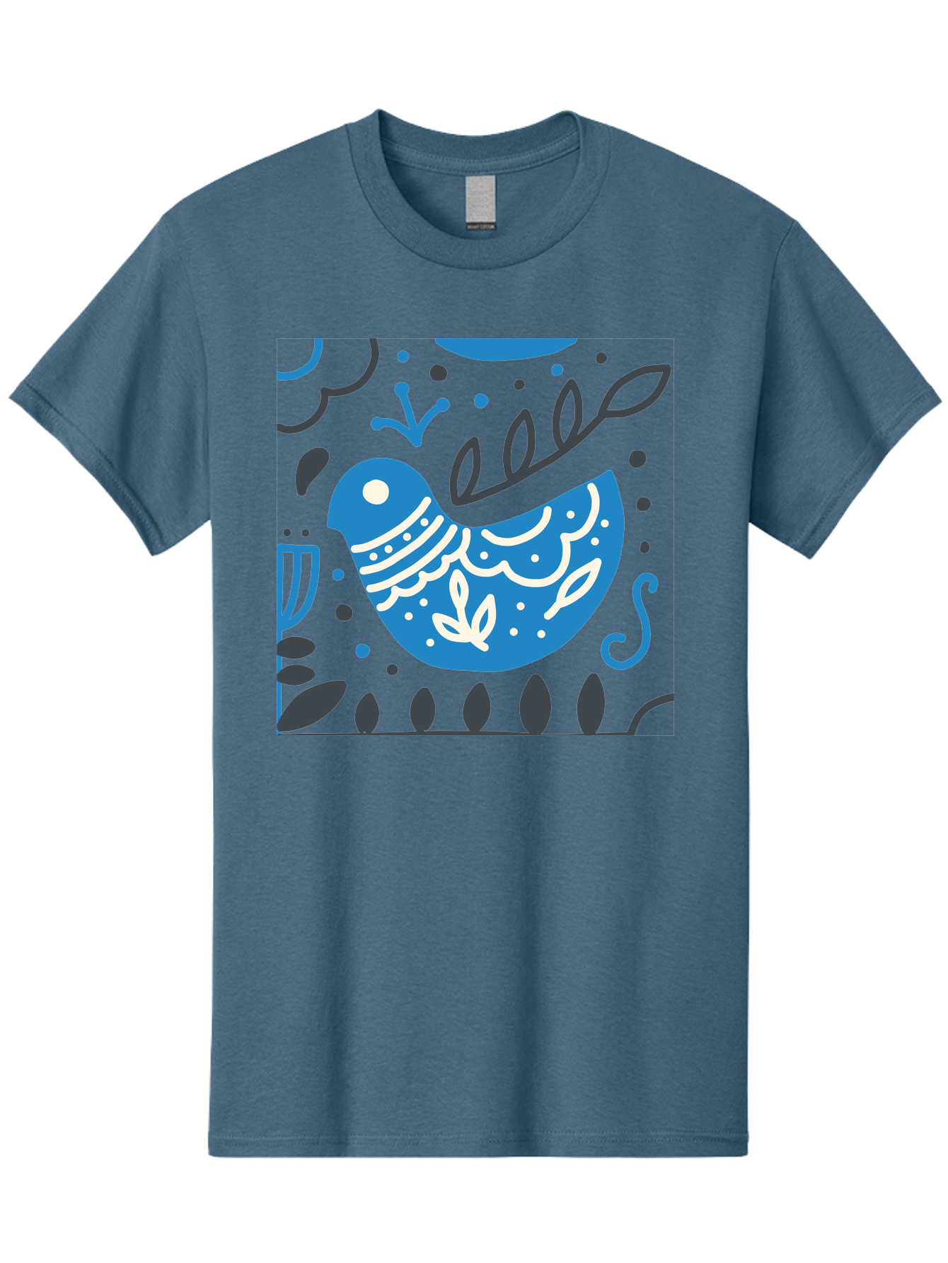 Blue-Bird Men'S Graphic Tee, 100% Cotton, Comfortable Casual Summer Wear, Machine Washable, Blue Bird, Floral Patterns, Whimsical Design, Abstract Shapes, Leaves, Dots, Artistic Expression, Creative Illustration, Modern Art, Bird Silhouette Aab665