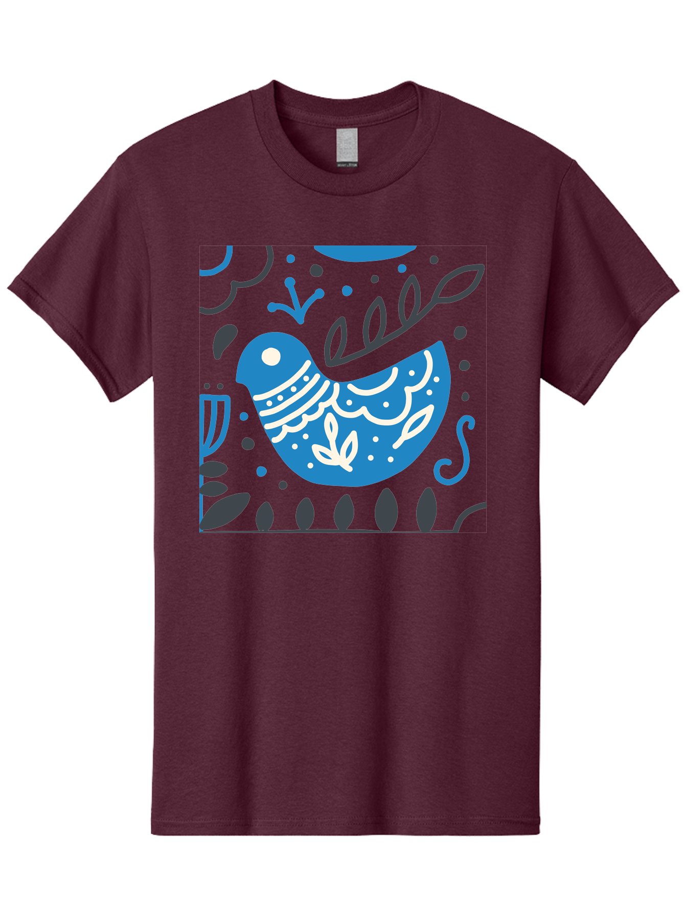 Blue-Bird Men'S Graphic Tee, 100% Cotton, Comfortable Casual Summer Wear, Machine Washable, Blue Bird, Floral Patterns, Whimsical Design, Abstract Shapes, Leaves, Dots, Artistic Expression, Creative Illustration, Modern Art, Bird Silhouette Aab665