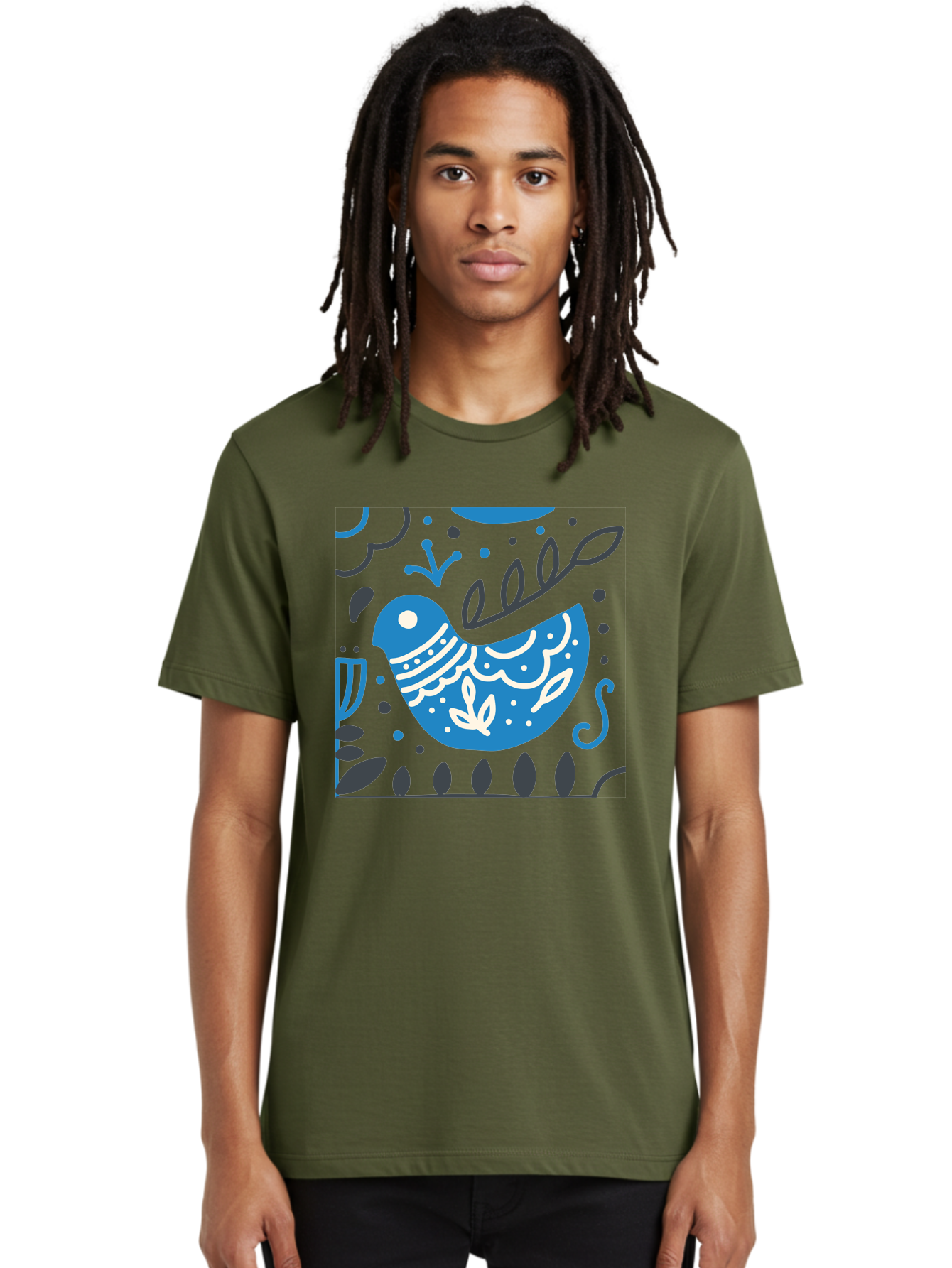 Blue-Bird Men'S Graphic Tee, 100% Cotton, Comfortable Casual Summer Wear, Machine Washable, Blue Bird, Floral Patterns, Whimsical Design, Abstract Shapes, Leaves, Dots, Artistic Expression, Creative Illustration, Modern Art, Bird Silhouette Aab665
