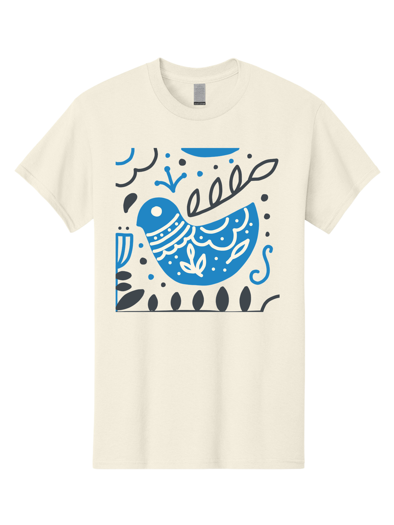 Blue-Bird Men'S Graphic Tee, 100% Cotton, Comfortable Casual Summer Wear, Machine Washable, Blue Bird, Floral Patterns, Whimsical Design, Abstract Shapes, Leaves, Dots, Artistic Expression, Creative Illustration, Modern Art, Bird Silhouette Aab665