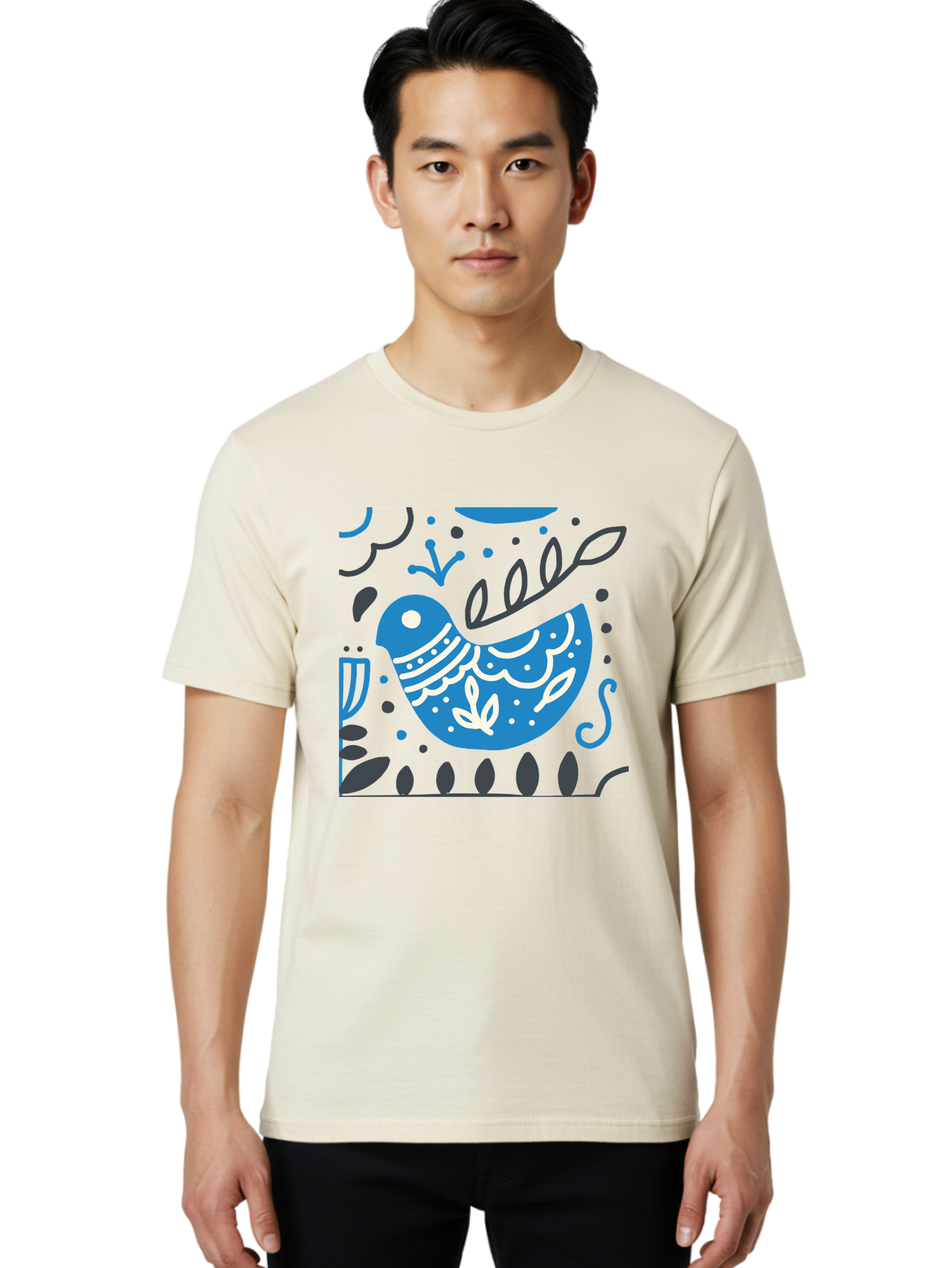 Blue-Bird Men'S Graphic Tee, 100% Cotton, Comfortable Casual Summer Wear, Machine Washable, Blue Bird, Floral Patterns, Whimsical Design, Abstract Shapes, Leaves, Dots, Artistic Expression, Creative Illustration, Modern Art, Bird Silhouette Aab665