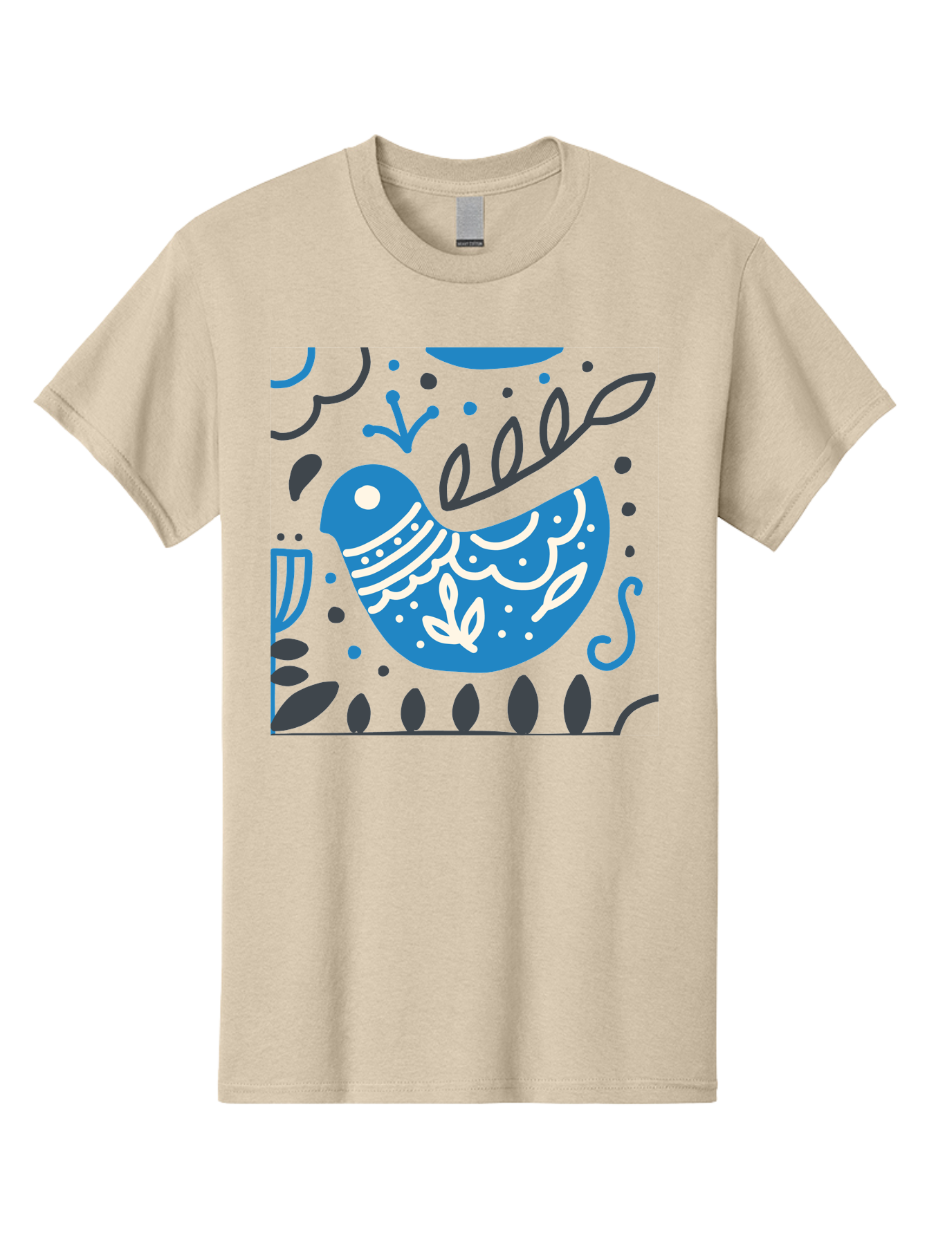 Blue-Bird Men'S Graphic Tee, 100% Cotton, Comfortable Casual Summer Wear, Machine Washable, Blue Bird, Floral Patterns, Whimsical Design, Abstract Shapes, Leaves, Dots, Artistic Expression, Creative Illustration, Modern Art, Bird Silhouette Aab665