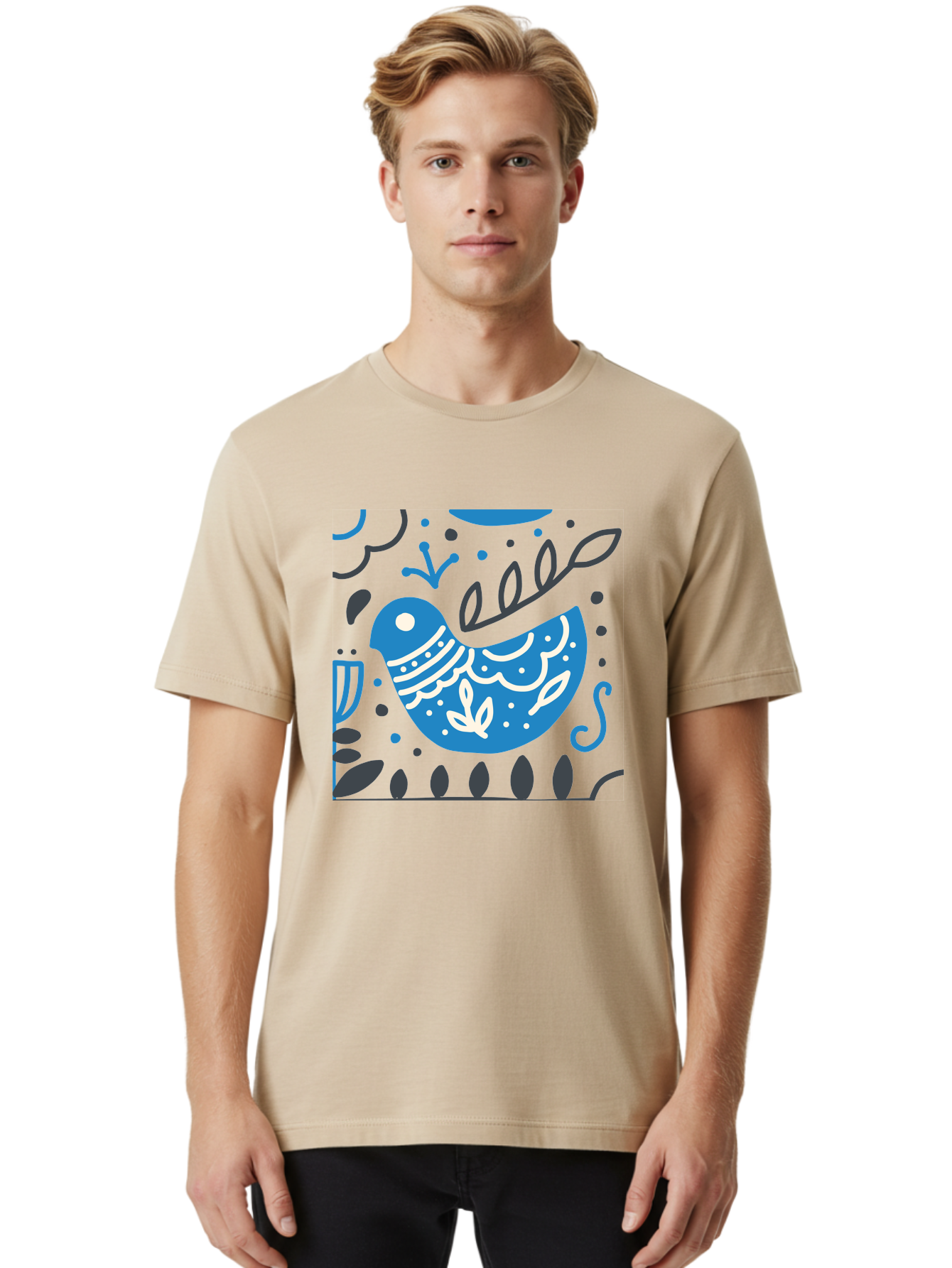 Blue-Bird Men'S Graphic Tee, 100% Cotton, Comfortable Casual Summer Wear, Machine Washable, Blue Bird, Floral Patterns, Whimsical Design, Abstract Shapes, Leaves, Dots, Artistic Expression, Creative Illustration, Modern Art, Bird Silhouette Aab665