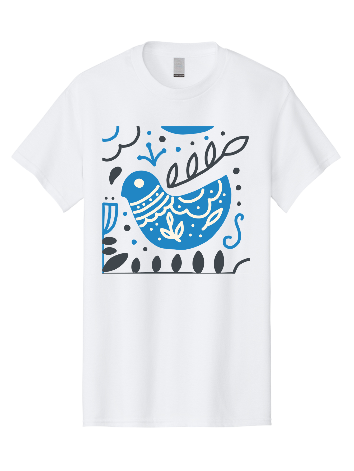 Blue-Bird Men'S Graphic Tee, 100% Cotton, Comfortable Casual Summer Wear, Machine Washable, Blue Bird, Floral Patterns, Whimsical Design, Abstract Shapes, Leaves, Dots, Artistic Expression, Creative Illustration, Modern Art, Bird Silhouette Aab665