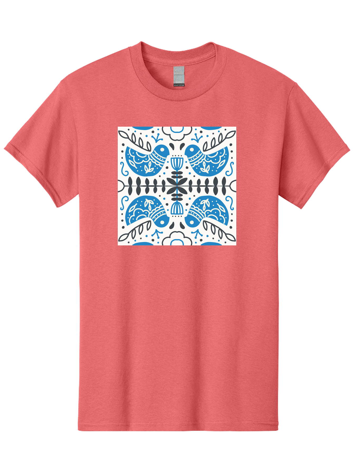Blue-Birds-Pattern Men'S Graphic Tee, 100% Cotton, Comfortable Casual Summer Wear, Machine Washable, Symmetrical Pattern, Blue Birds, White And Black Accents, Floral Motifs, Traditional Folk Art, Ornate Details, Vintage Design, Aab666