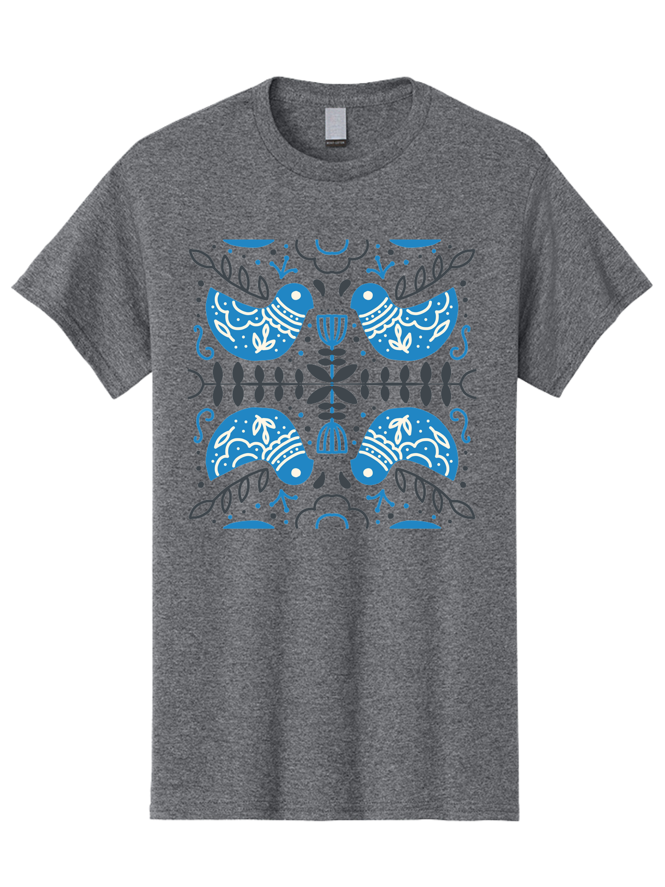 Blue-Birds Men'S Graphic Tee, 100% Cotton, Comfortable Casual Summer Wear, Machine Washable, Stylized Birds, Floral Patterns, Blue And White Illustrations, Leaf Motifs, Abstract Designs, Symmetrical Composition, Vintage Style, Folk Art Aab667