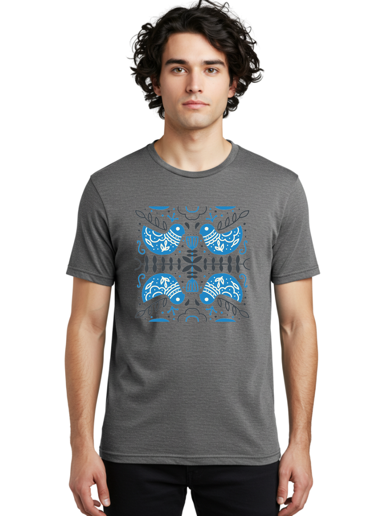 Blue-Birds Men'S Graphic Tee, 100% Cotton, Comfortable Casual Summer Wear, Machine Washable, Stylized Birds, Floral Patterns, Blue And White Illustrations, Leaf Motifs, Abstract Designs, Symmetrical Composition, Vintage Style, Folk Art Aab667