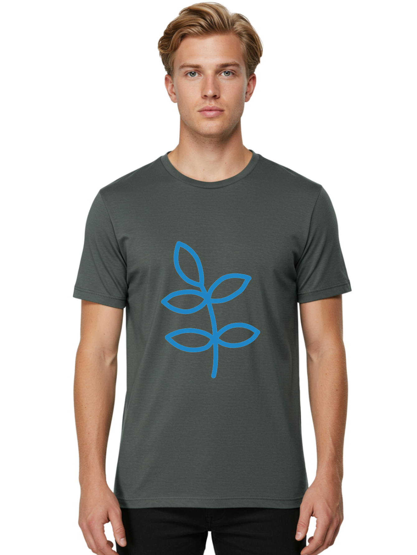 Blue-Leafy-Stem Men'S Graphic Tee, 100% Cotton, Comfortable Casual Summer Wear, Machine Washable, Simple Drawing, Blue Sprout, Five Leaves, Stem, Minimalist Design, Botanical Illustration, Hand-Drawn Art, Digital Art Aab669