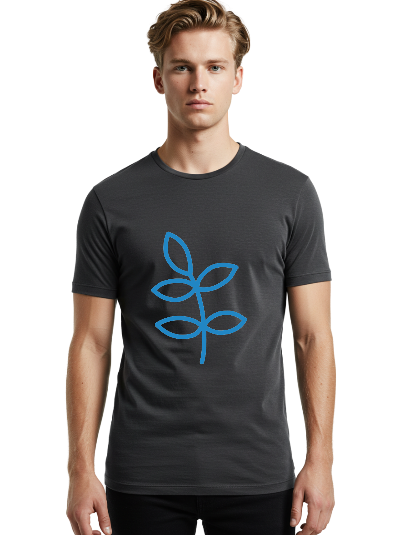 Blue-Leafy-Stem Men'S Graphic Tee, 100% Cotton, Comfortable Casual Summer Wear, Machine Washable, Simple Drawing, Blue Sprout, Five Leaves, Stem, Minimalist Design, Botanical Illustration, Hand-Drawn Art, Digital Art Aab669