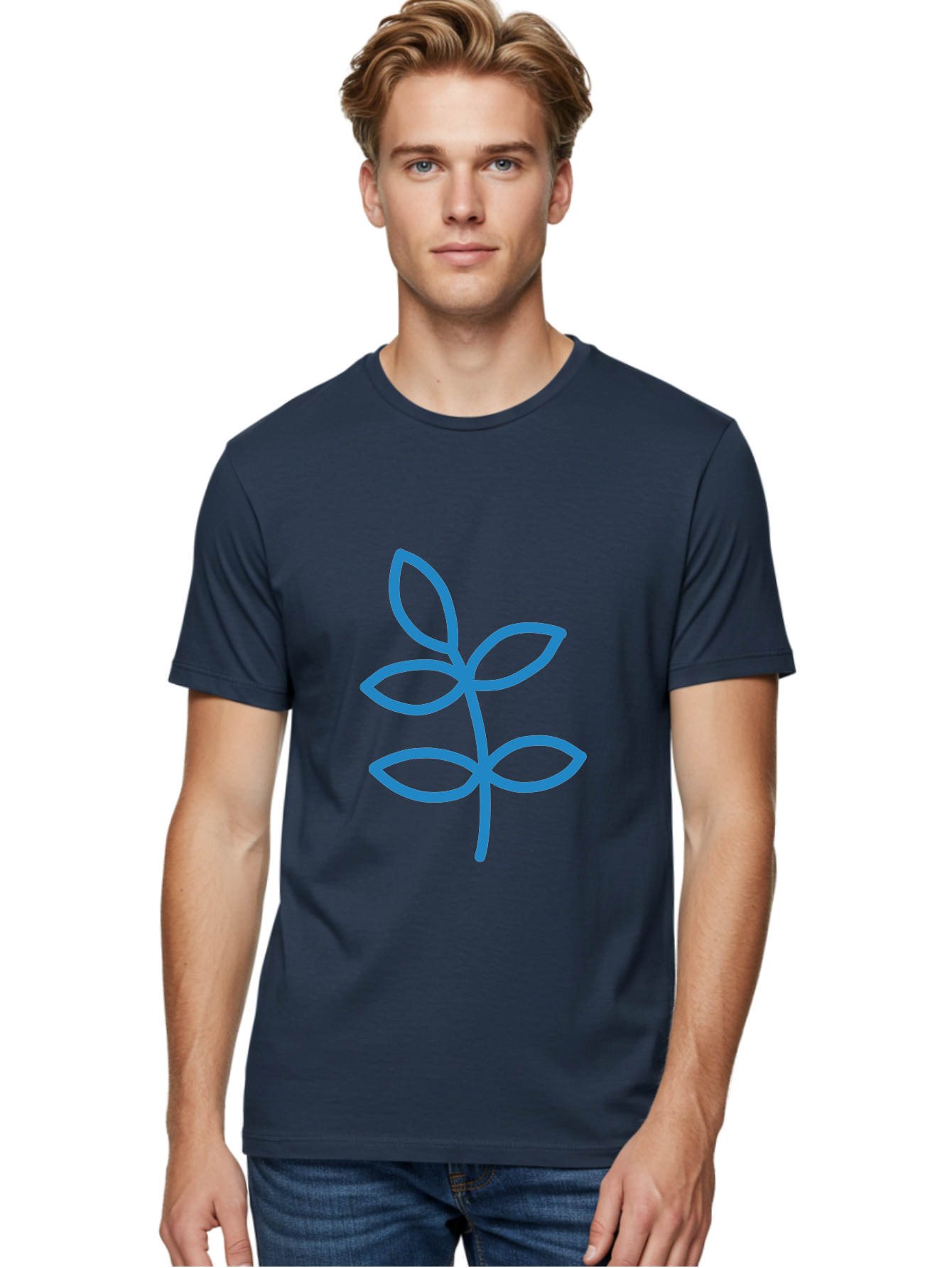 Blue-Leafy-Stem Men'S Graphic Tee, 100% Cotton, Comfortable Casual Summer Wear, Machine Washable, Simple Drawing, Blue Sprout, Five Leaves, Stem, Minimalist Design, Botanical Illustration, Hand-Drawn Art, Digital Art Aab669