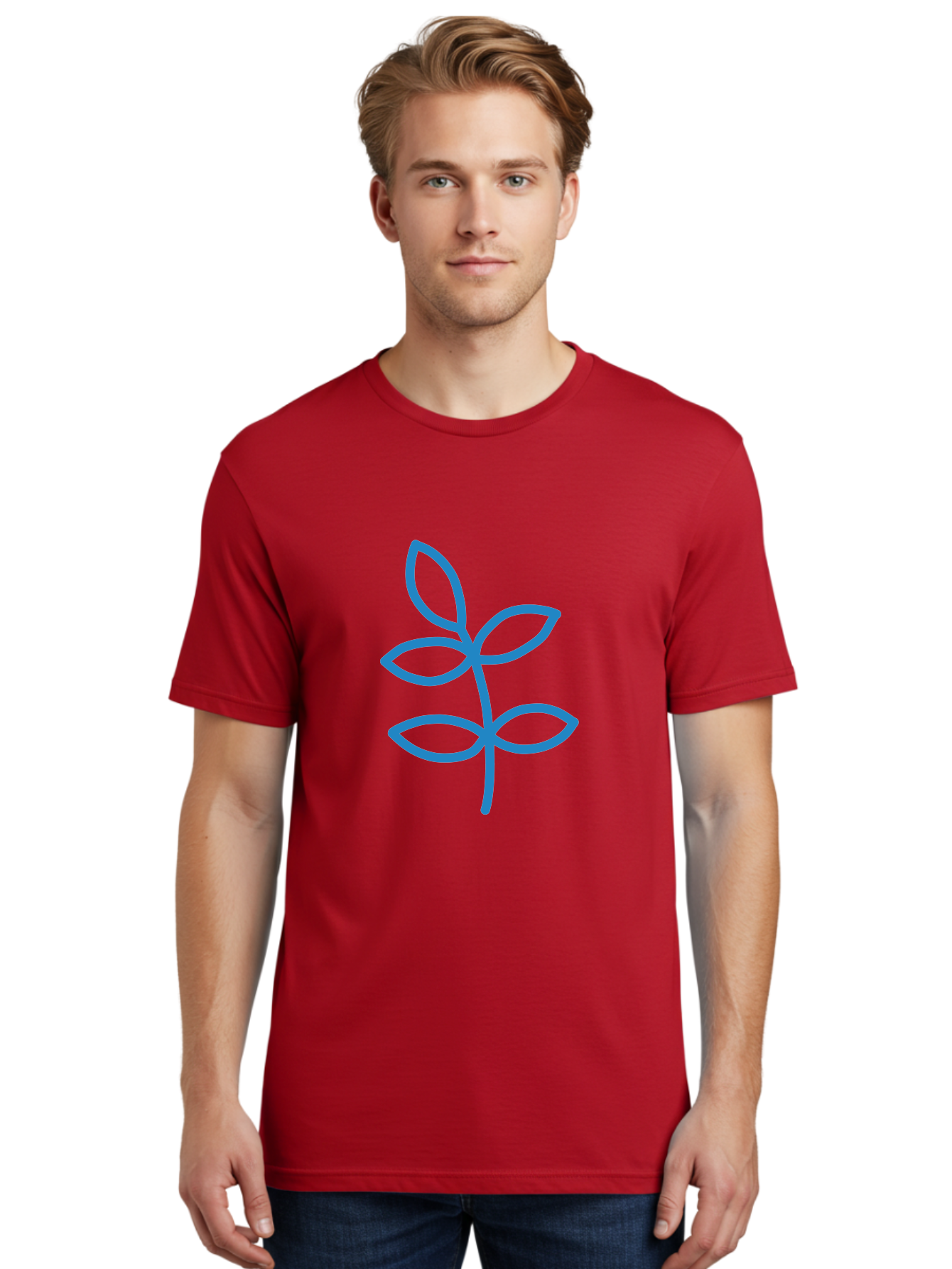 Blue-Leafy-Stem Men'S Graphic Tee, 100% Cotton, Comfortable Casual Summer Wear, Machine Washable, Simple Drawing, Blue Sprout, Five Leaves, Stem, Minimalist Design, Botanical Illustration, Hand-Drawn Art, Digital Art Aab669