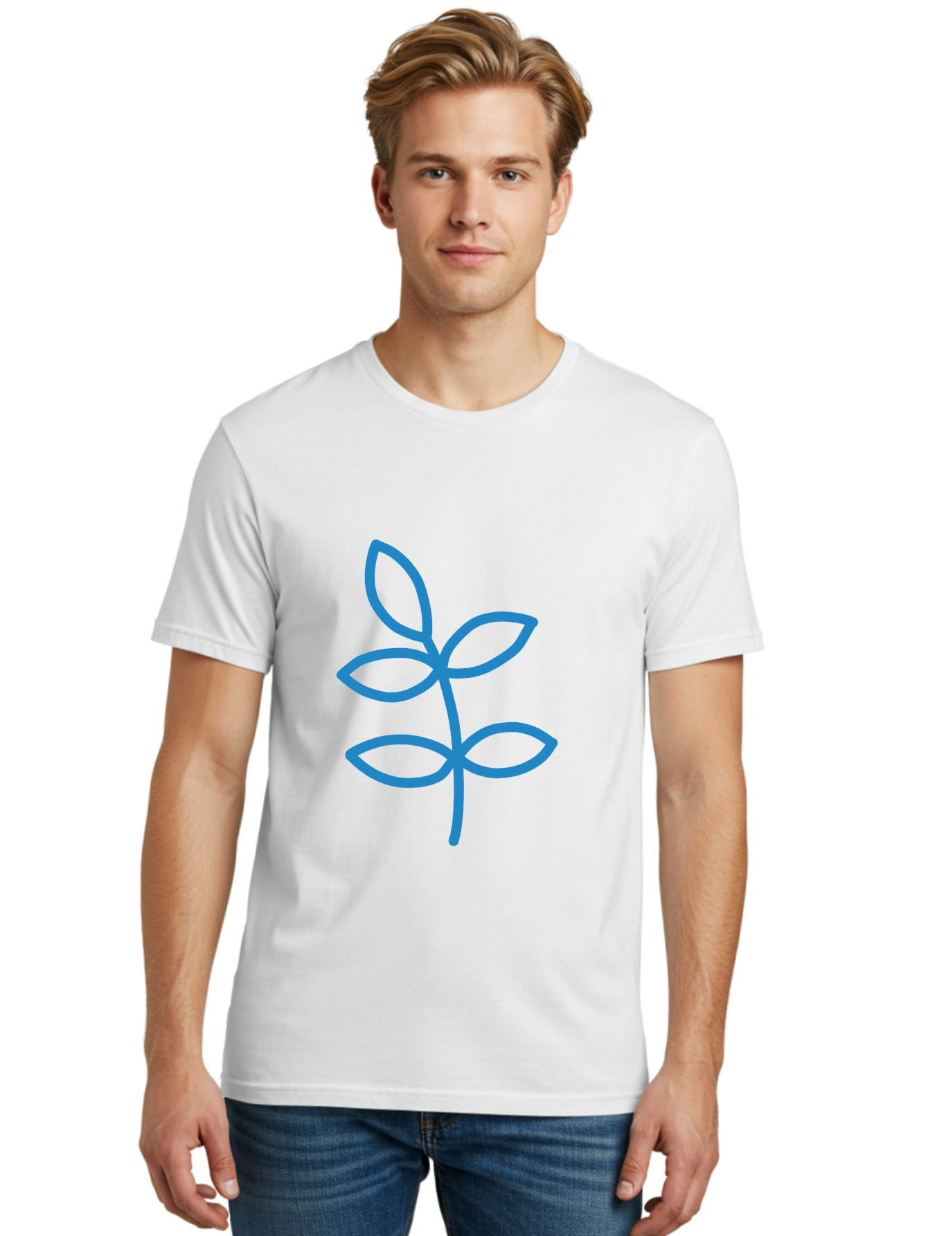 Blue-Leafy-Stem Men'S Graphic Tee, 100% Cotton, Comfortable Casual Summer Wear, Machine Washable, Simple Drawing, Blue Sprout, Five Leaves, Stem, Minimalist Design, Botanical Illustration, Hand-Drawn Art, Digital Art Aab669
