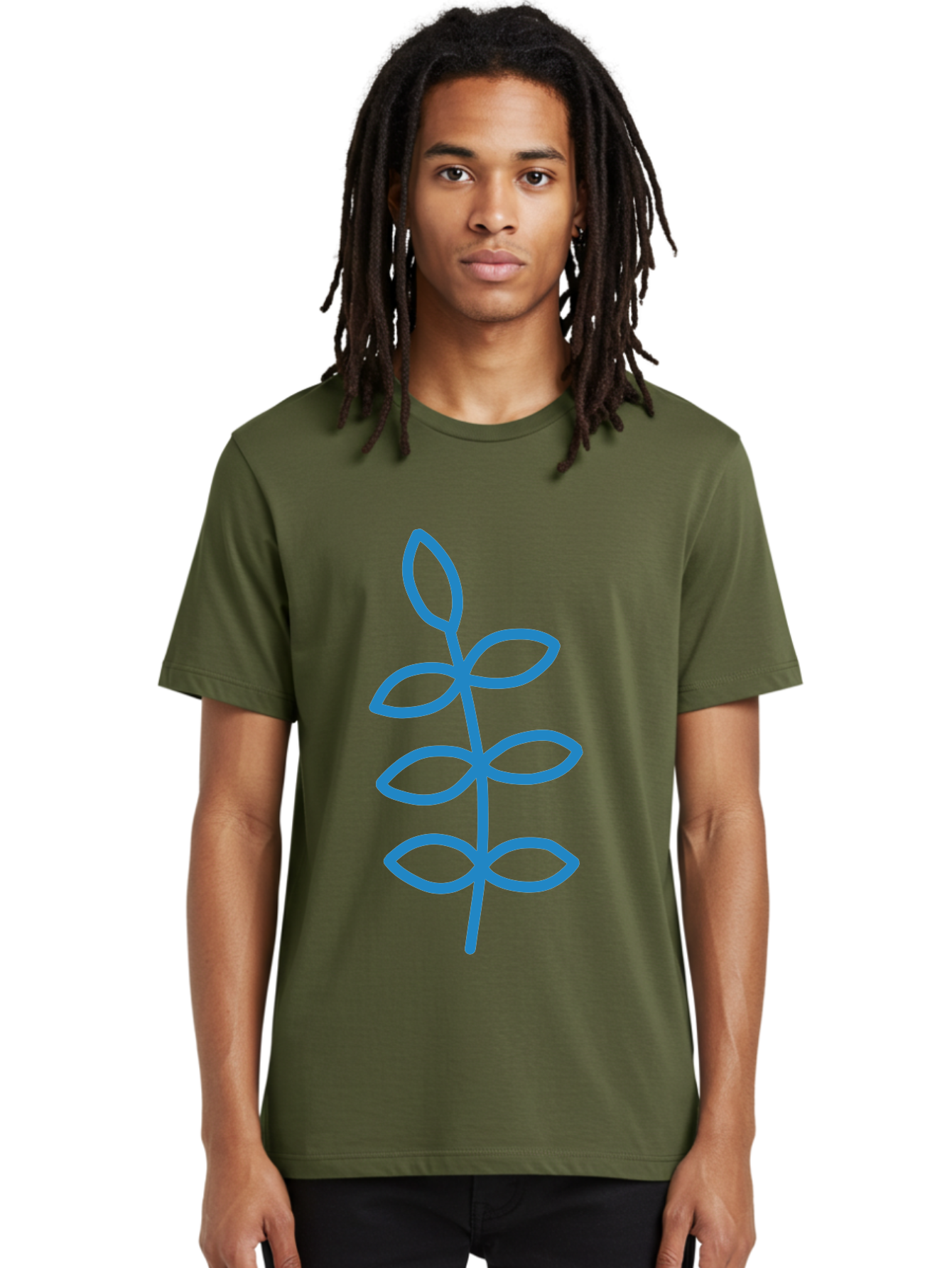 Blue-Stem Men'S Graphic Tee, 100% Cotton, Comfortable Casual Summer Wear, Machine Washable, Simple Plant Drawing, Blue Outline, Minimalist Art, Stylized Leaves, Modern Illustration, Digital Artwork, Nature-Inspired Design Aab672