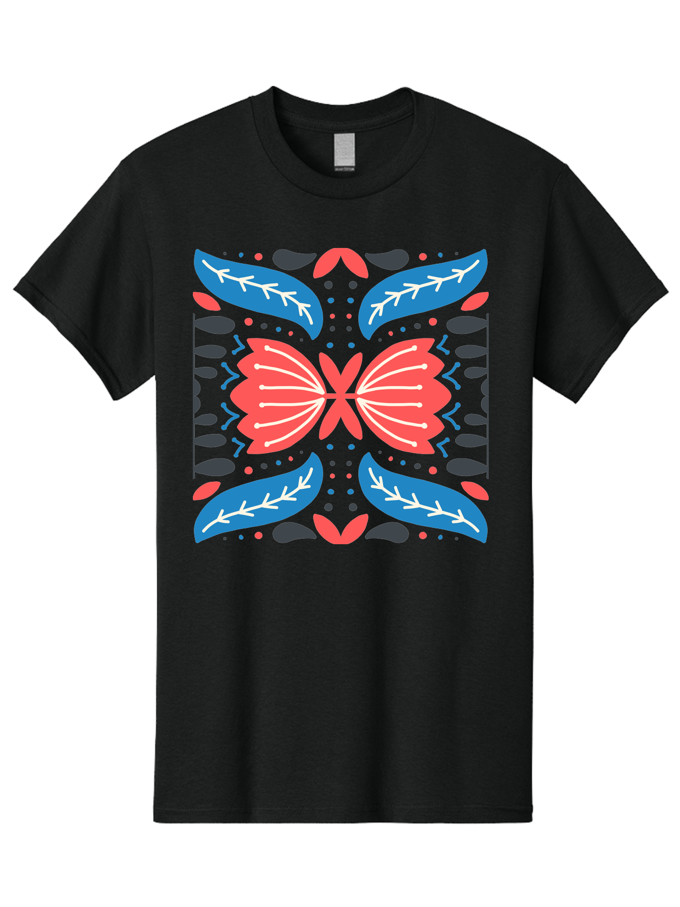 Butterfly-Pattern-1 Men'S Graphic Tee, 100% Cotton, Comfortable Casual Summer Wear, Machine Washable, Symmetrical Butterfly Design, Floral Pattern, Vibrant Red And Blue Hues, White Accents, Abstract Shapes, Folk Art Inspiration, Aab674