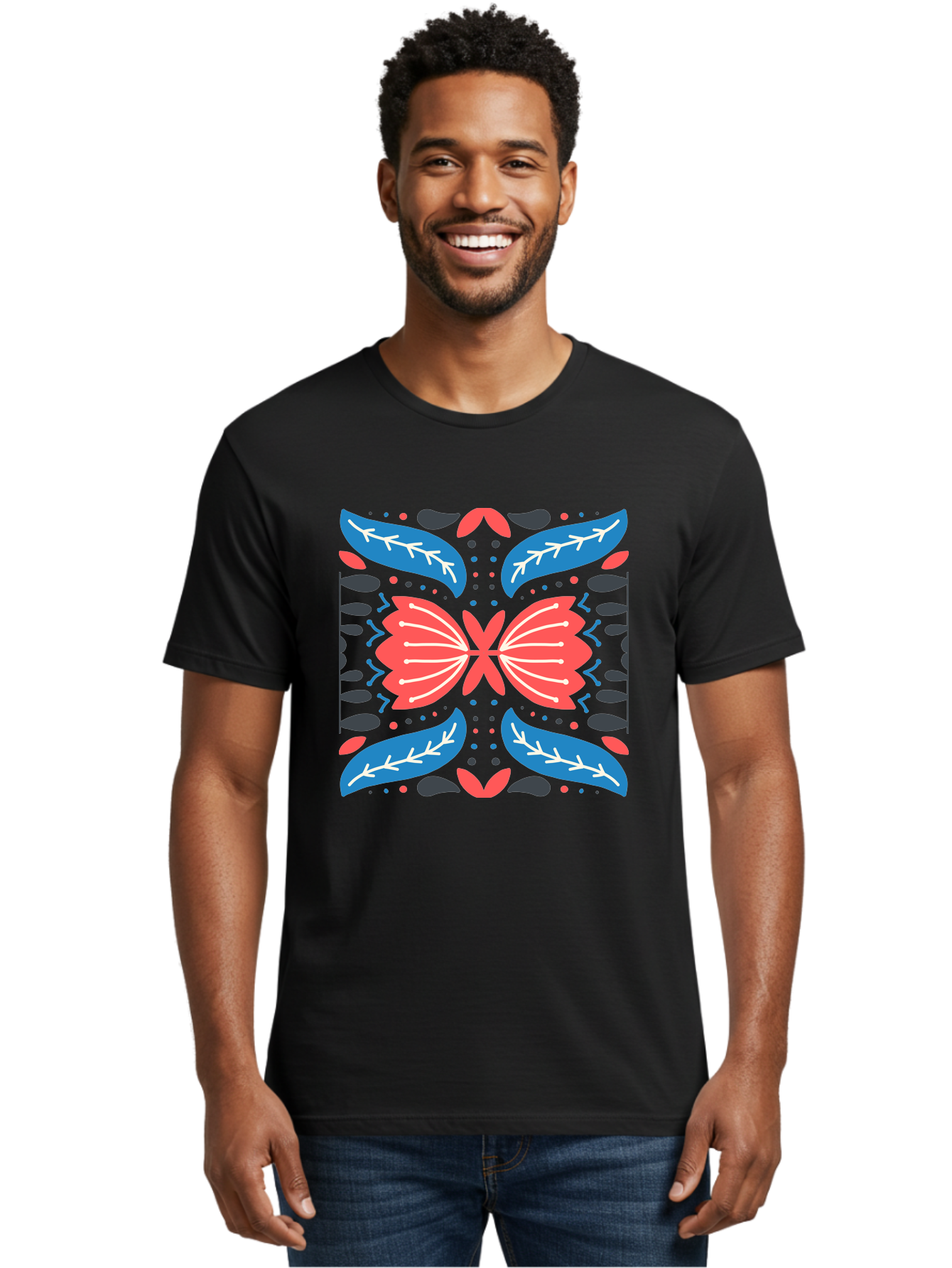 Butterfly-Pattern-1 Men'S Graphic Tee, 100% Cotton, Comfortable Casual Summer Wear, Machine Washable, Symmetrical Butterfly Design, Floral Pattern, Vibrant Red And Blue Hues, White Accents, Abstract Shapes, Folk Art Inspiration, Aab674