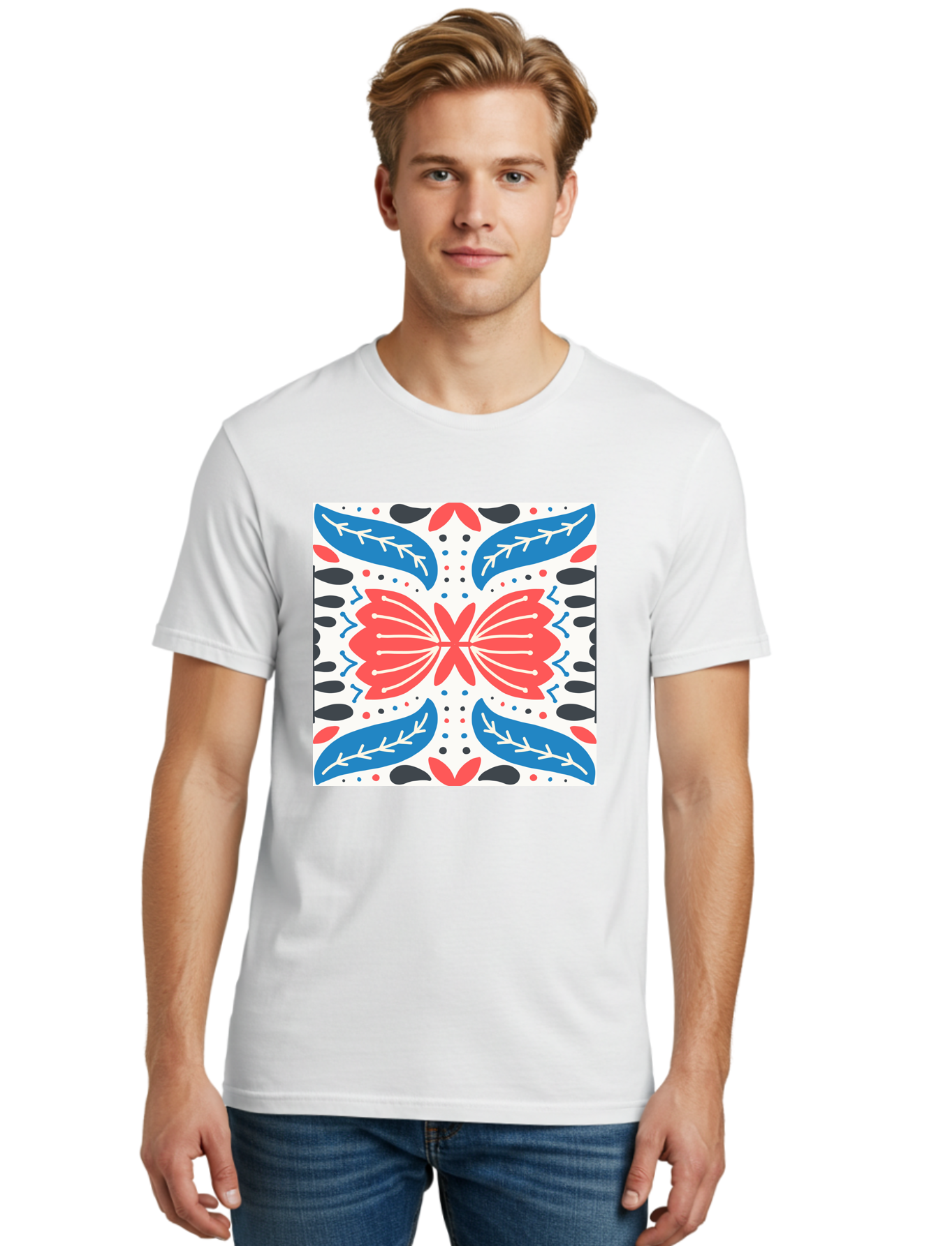 Butterfly-Pattern Men'S Graphic Tee, 100% Cotton, Comfortable Casual Summer Wear, Machine Washable, Butterfly, Floral Pattern, Red And Blue, Abstract Design, Symmetrical Shape, Graphic Illustration, Folk Art, Decorative Elements, Leaf Shapes Aab675