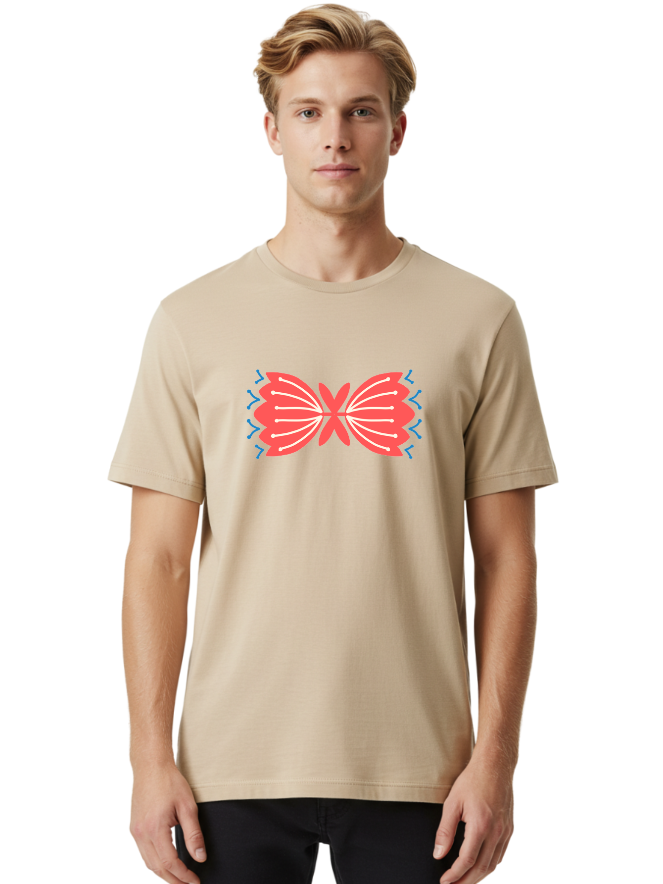 Butterfly Men'S Graphic Tee, 100% Cotton, Comfortable Casual Summer Wear, Machine Washable, Pink Butterfly, Symmetrical Design, White Lines, Blue Zigzags, Abstract Art, Colorful Graphics, Modern Illustration, Decorative Wings Aab676