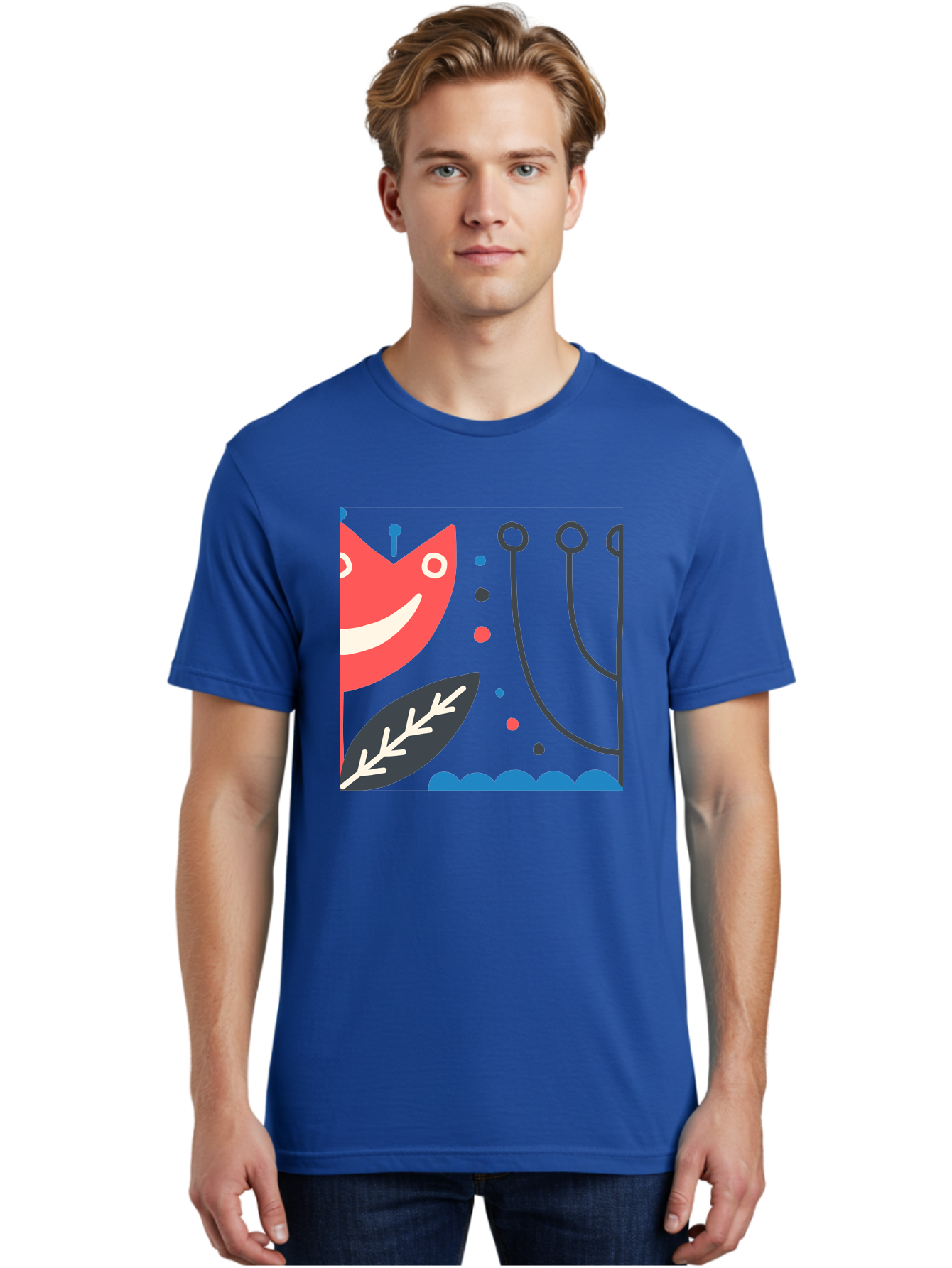 Cat-Face-Leaf Men'S Graphic Tee, 100% Cotton, Comfortable Casual Summer Wear, Machine Washable, Smiling Face, Cartoon Character, Whimsical Design, Abstract Shapes, Playful Atmosphere, Black Leaf, White Details, Multi-Colored Dots, Aab678