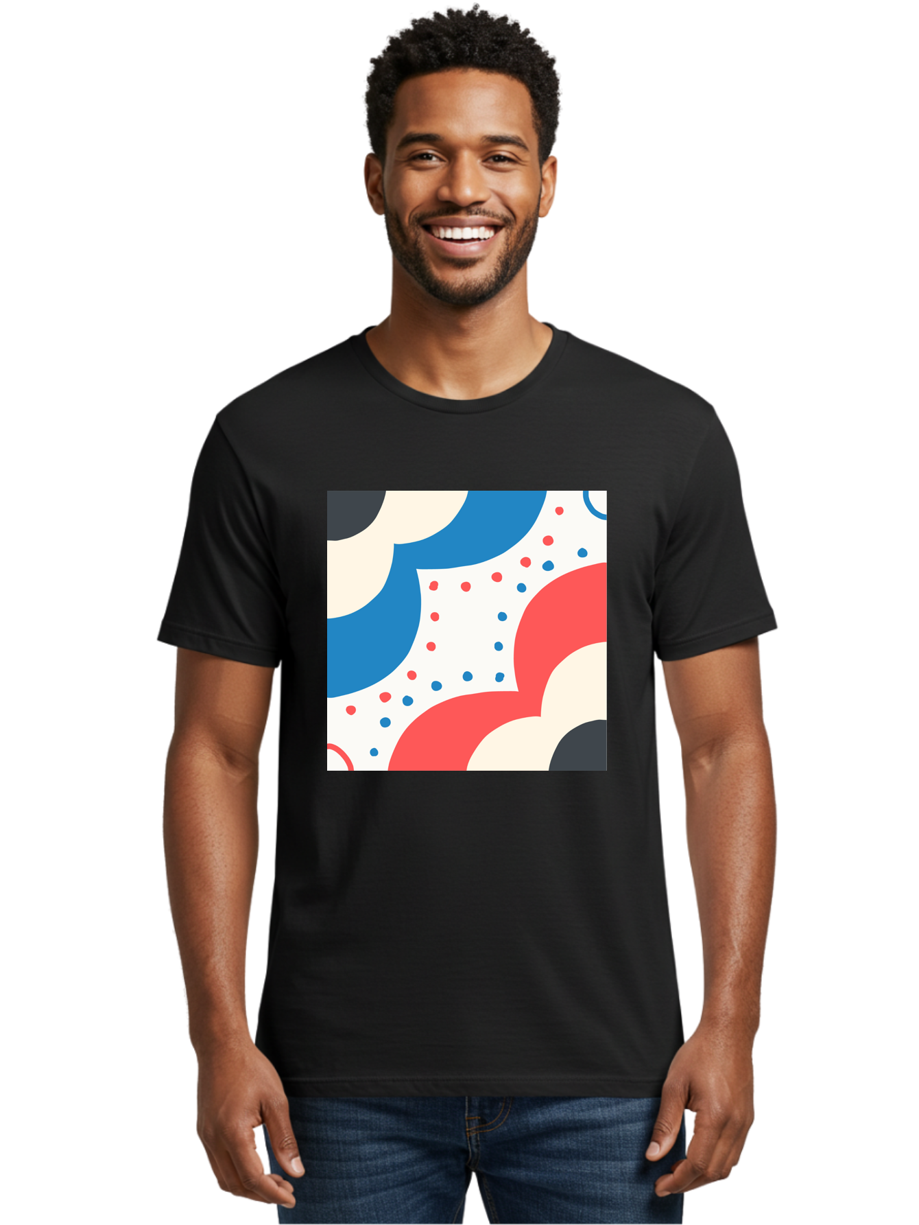 Colorful-Floral-Pattern Men'S Graphic Tee, 100% Cotton, Comfortable Casual Summer Wear, Machine Washable, Geometric Shapes, Abstract Design, Colorful Patterns, Blue Red Black White, Modern Art, Creative Graphics, Dynamic Layout, Aab680
