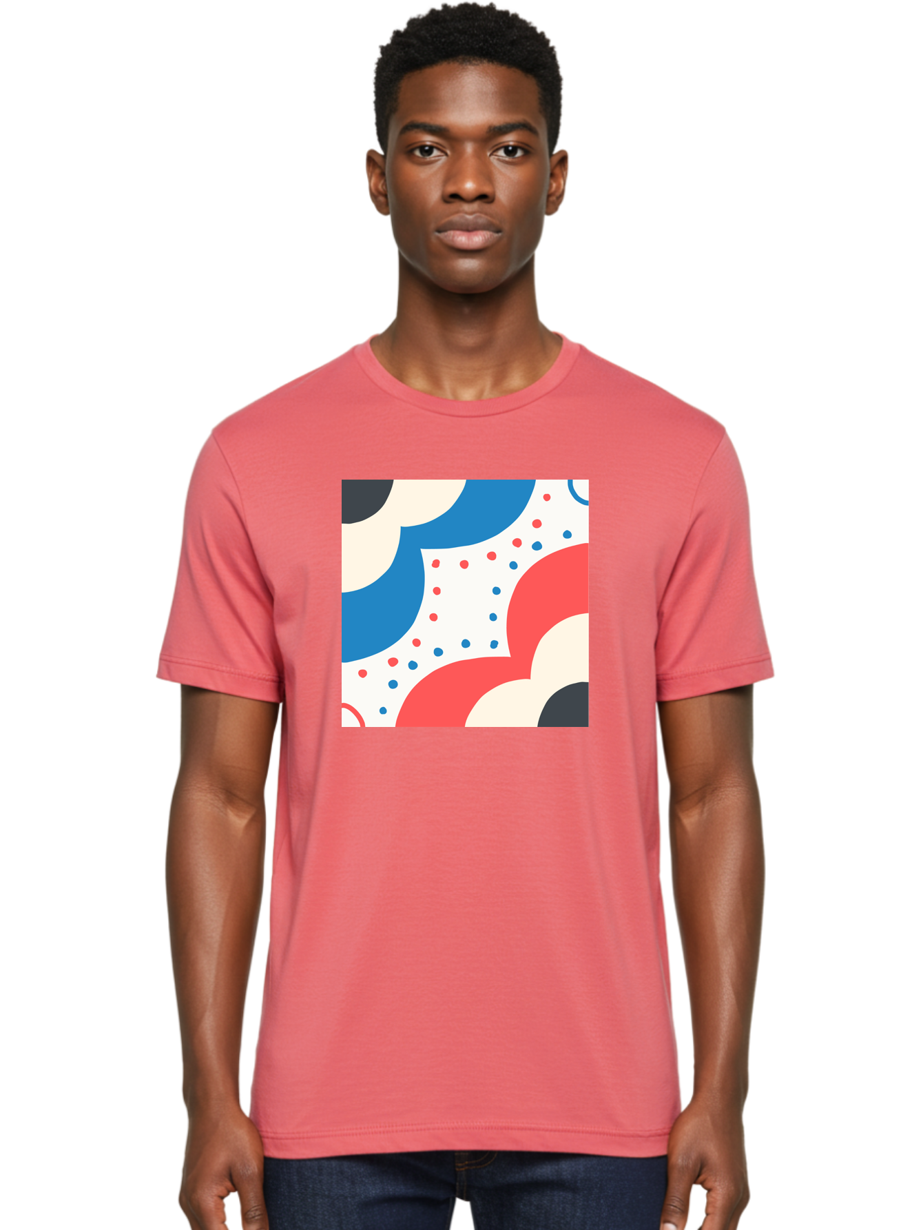 Colorful-Floral-Pattern Men'S Graphic Tee, 100% Cotton, Comfortable Casual Summer Wear, Machine Washable, Geometric Shapes, Abstract Design, Colorful Patterns, Blue Red Black White, Modern Art, Creative Graphics, Dynamic Layout, Aab680